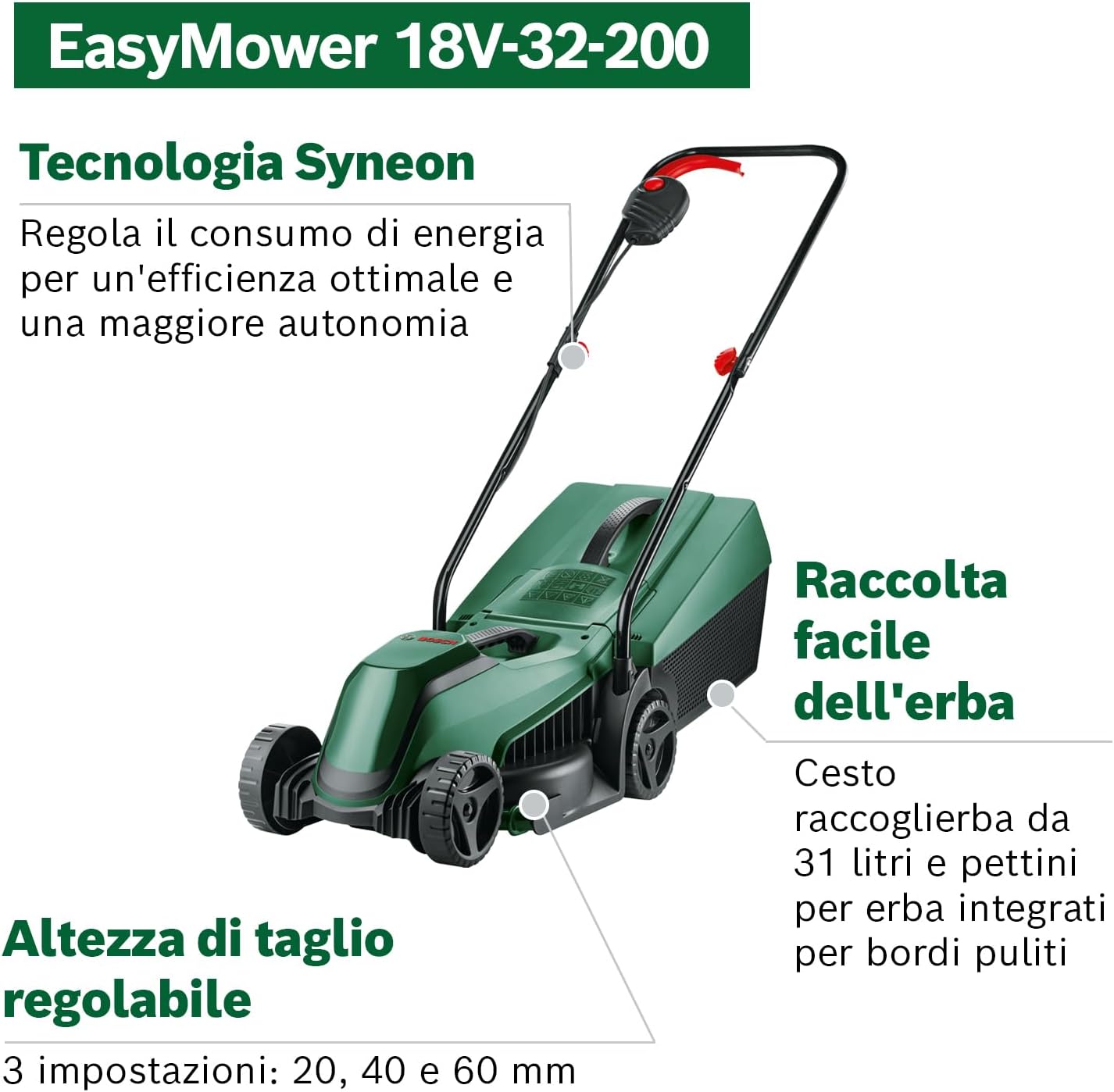 Thumbnail 2 de Bosch EasyMower 18V-32-200 a batteria (32 cm) con batteria 4,0 Ah e caricatore AL 1830