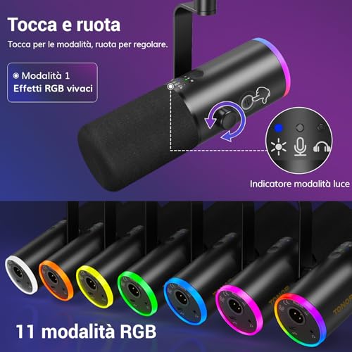 Detalle 2 de TONOR TD510 AIR H+ Microfono Gaming Dinamico con USB/XLR, Cuffie 3,5 mm e Braccio – Cancellazione Rumore IA, RGB Personalizzabile