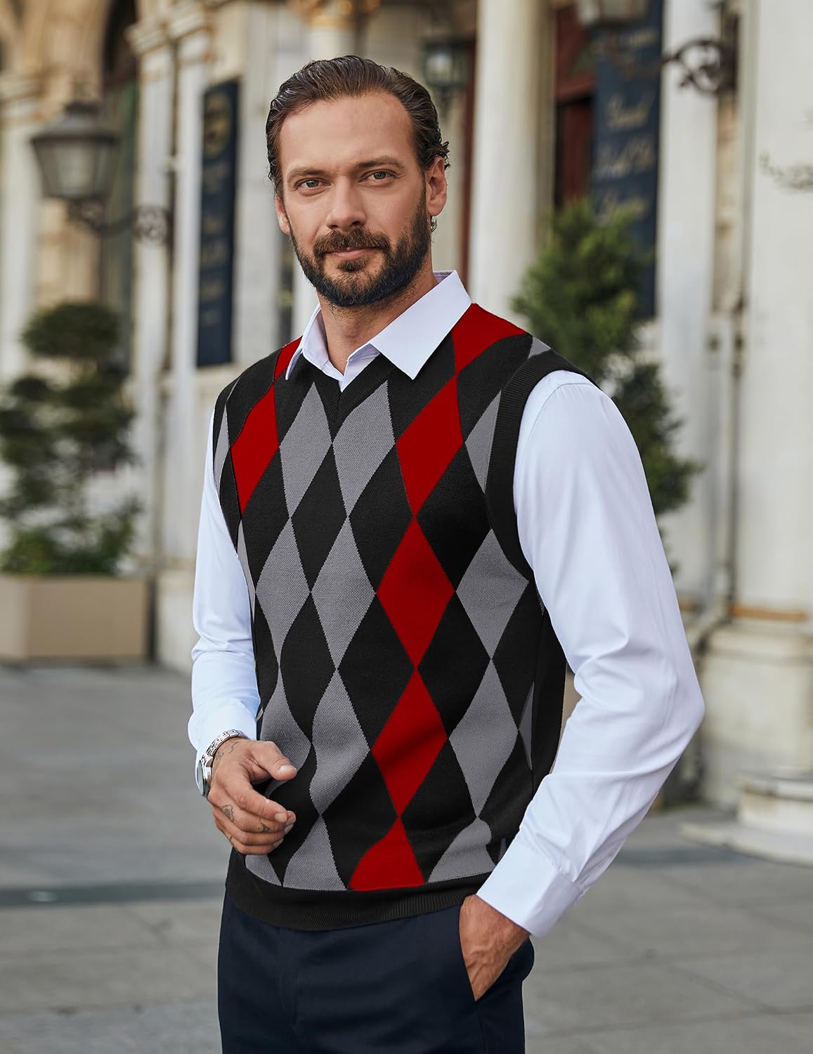 Detalle 2 de COOFANDY Men's Argyle Sweater Vest, Slim Fit V-Neck Knit
