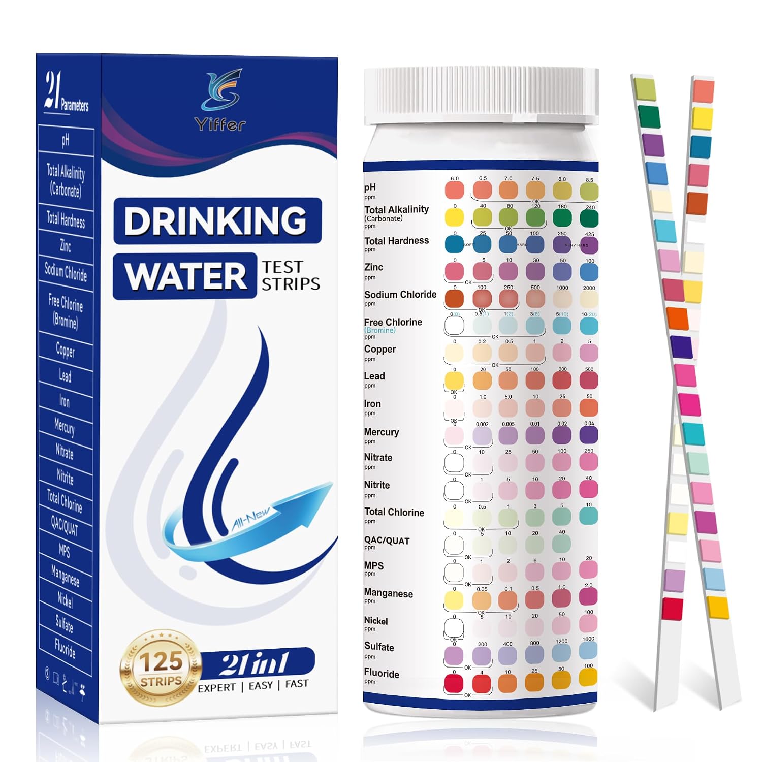 Yiffer water test strips, 125-count