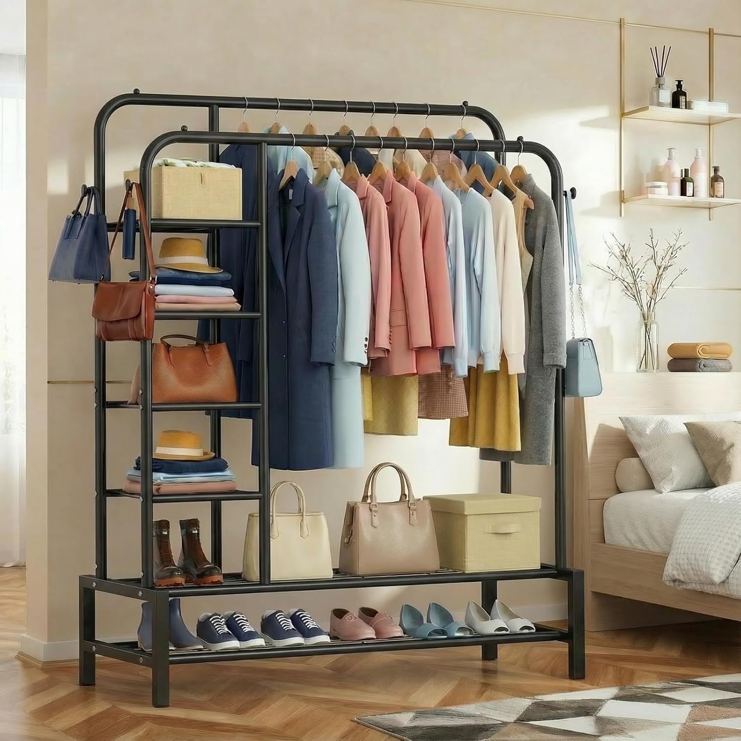 Thumbnail 3 de ZHKINGGS Clothes Rail for Bedroom – 100kg Freestanding Double Rack with Shelves & Coat Hooks