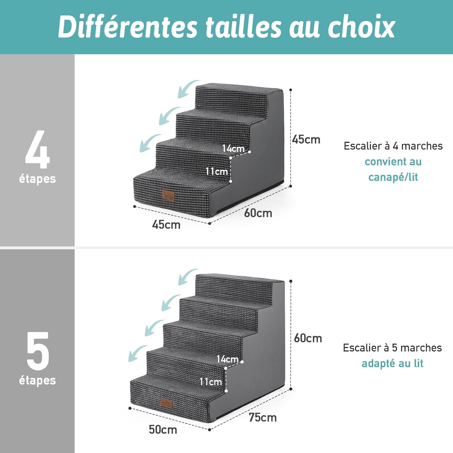 Detalle de COZY KISS Escaliers pour Chiens à 4 Marches – 60x45x45 cm, Gris Foncé