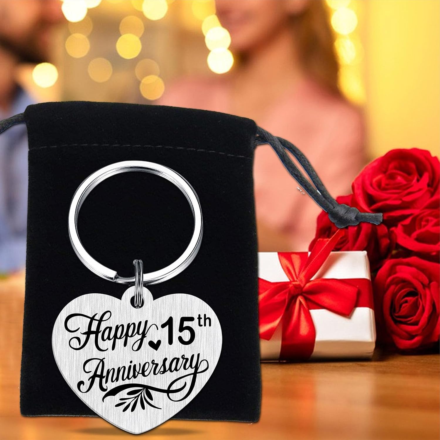 Detalle de Tangvo Double-Sided Engraved Heart Anniversary Keychain – 15th Wedding Anniversary Gift for Him or Her