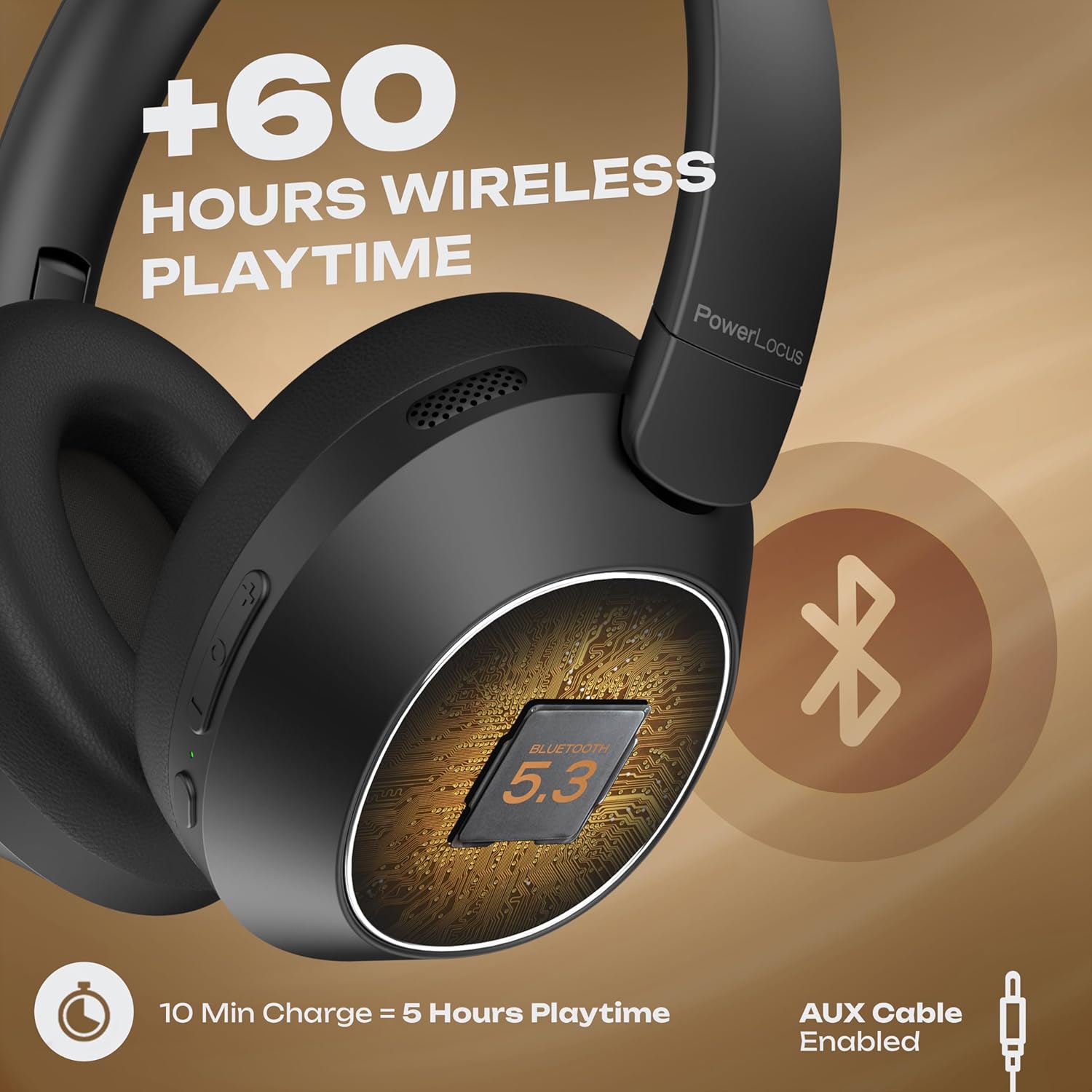 Thumbnail 4 de PowerLocus Casque Bluetooth sans Fil avec réduction de Bruit Active – 60H, Bass Mode, Léger et Pliable (Noir)