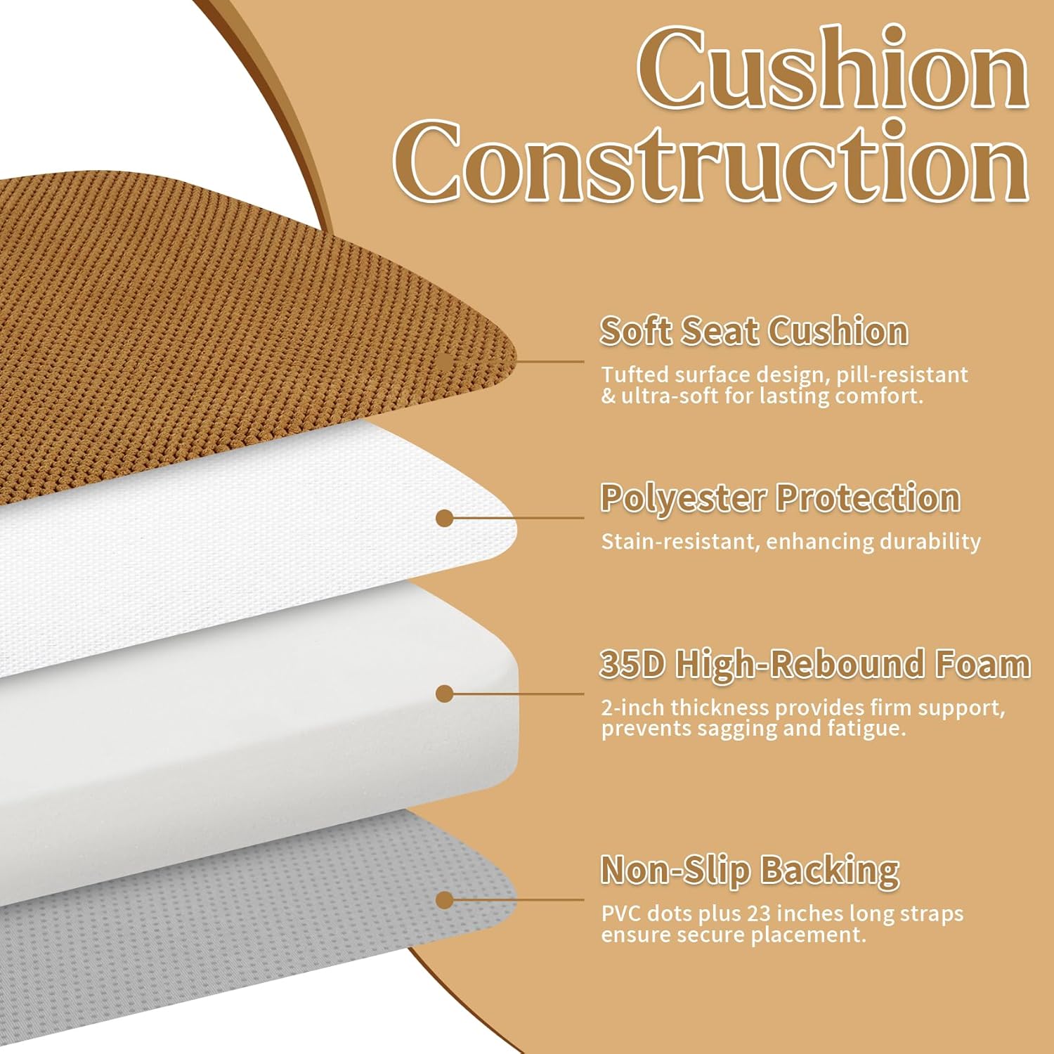 Detalle de PRONOUS 4 Pack Brown D-Shape Chair Cushions 17"x16"
