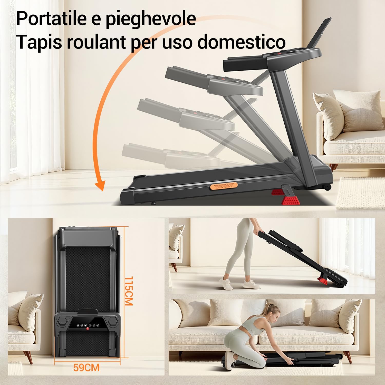 Thumbnail 6 de UMAY Tapis Roulant Salvaspazio con inclinazione 15%, motore 3.0 HP e display LED (12 km/h, carico 136 kg)