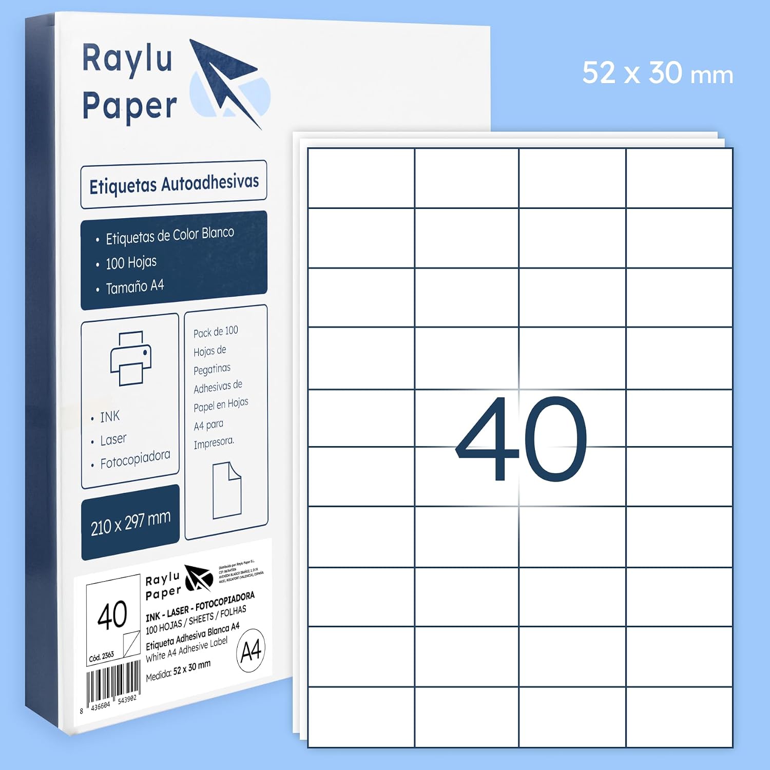 Detalle 2 de RAYLU PAPER självhäftande pappersetiketter 52 x 30 mm för A4-utskrift