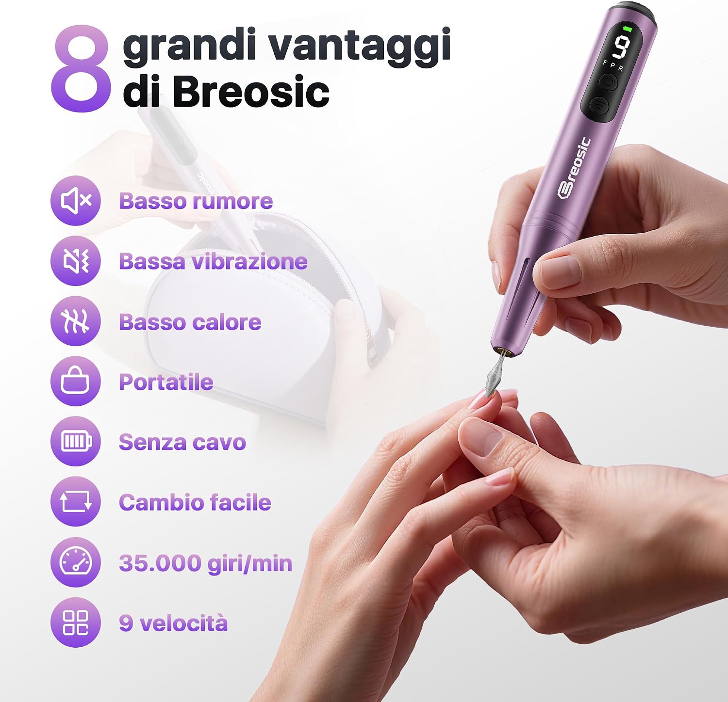 Thumbnail 2 de Breosic Fresa per Unghie Professionale 35000 Giri: Frese Wireless 12 in 1 con Display LED