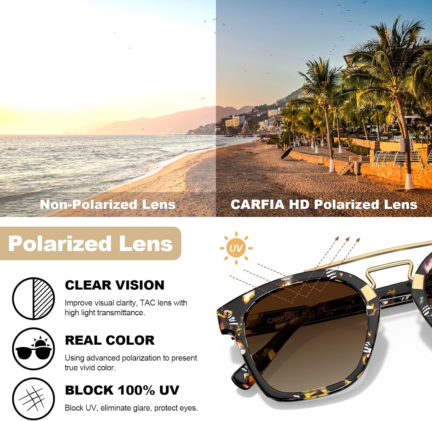 Detalle de CARFIA Polarised Retro Square Sunglasses for Women – Acetate & Double Metal Bridge, UV400 Protection CA5399