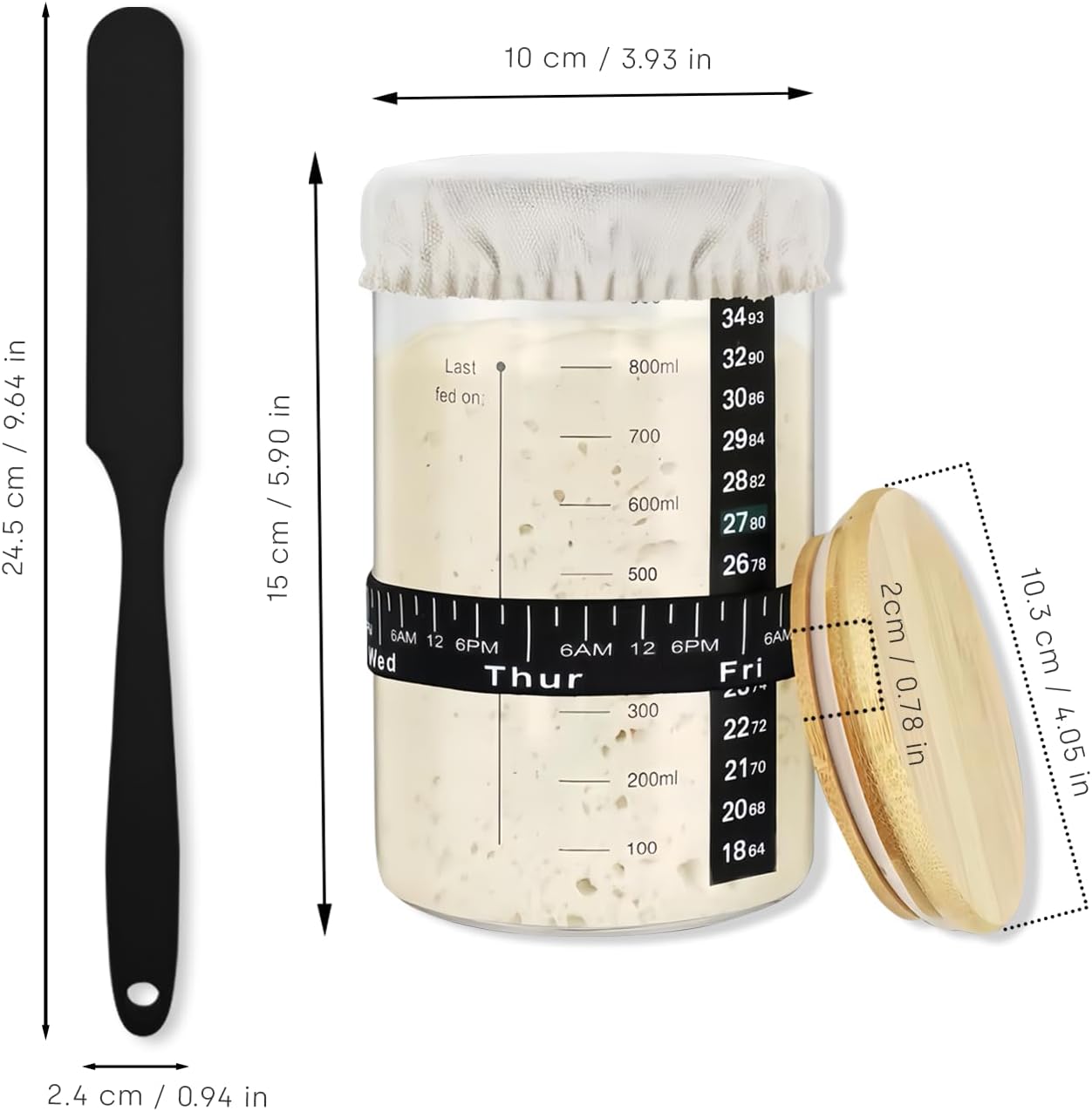 Detalle 2 de SoLuna.® Sourdough Starter Jar Kit 1 Litre – Premium Borosilicate Glass Jar with Feeding Band, Thermometer, Spatula and Accessories