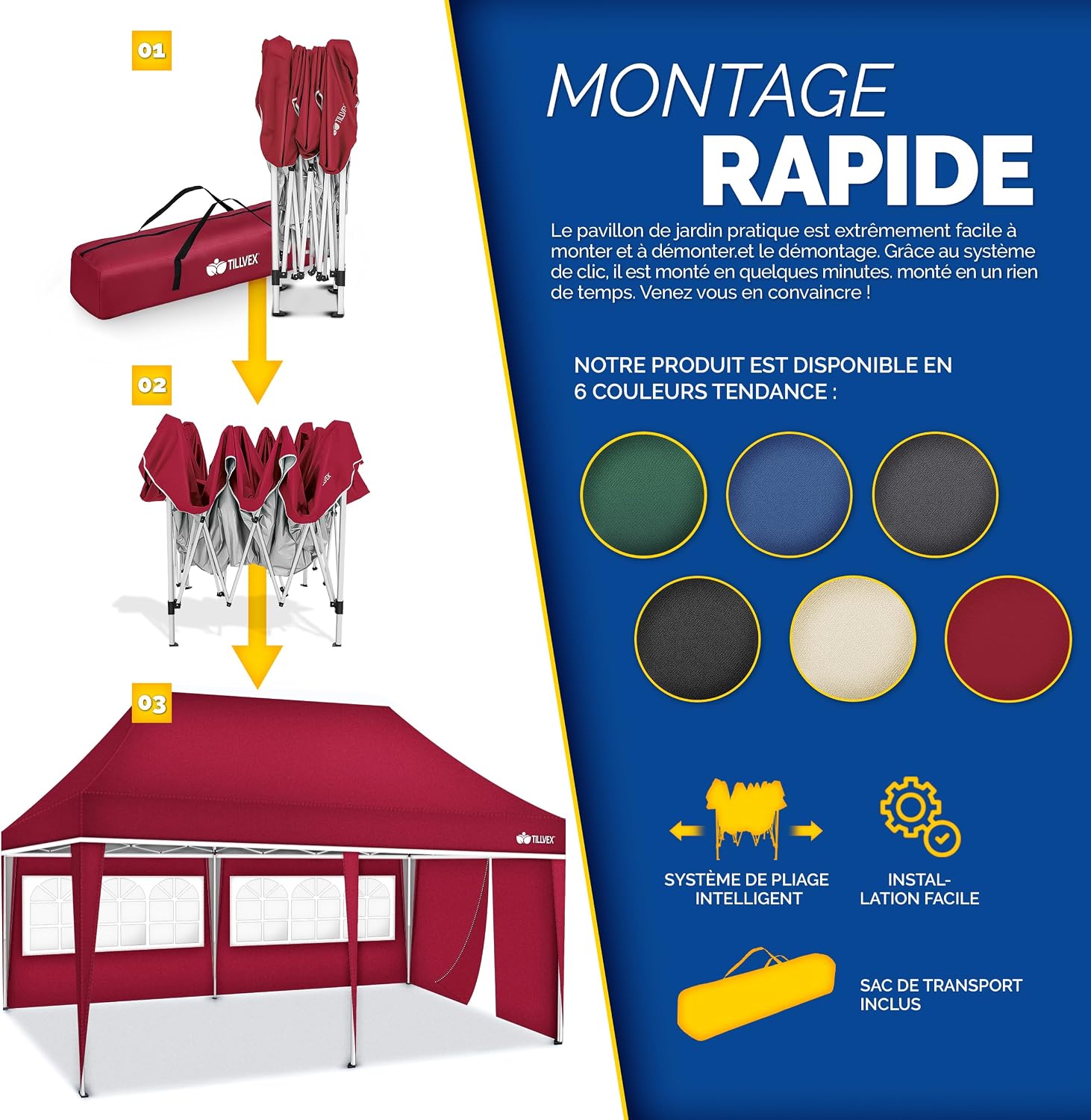 Detalle 2 de Tonnelle de jardin pop-up tillvex 3 x 6 m rouge, protection UV 50+ réglable en hauteur
