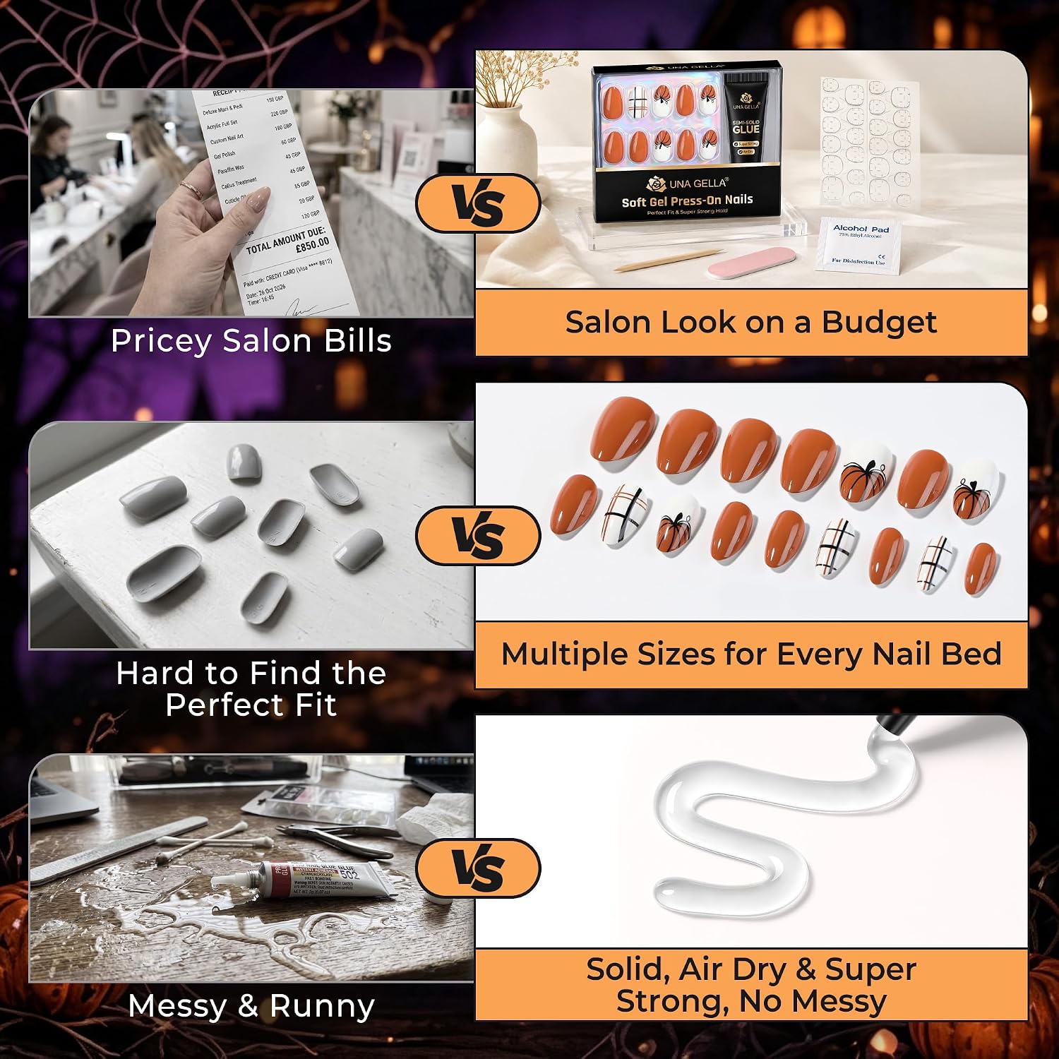 Thumbnail 3 de UNA GELLA UG-BX013 Halloween Press-On Nails, Short Almond, 32-Piece Pumpkin Plaid Set