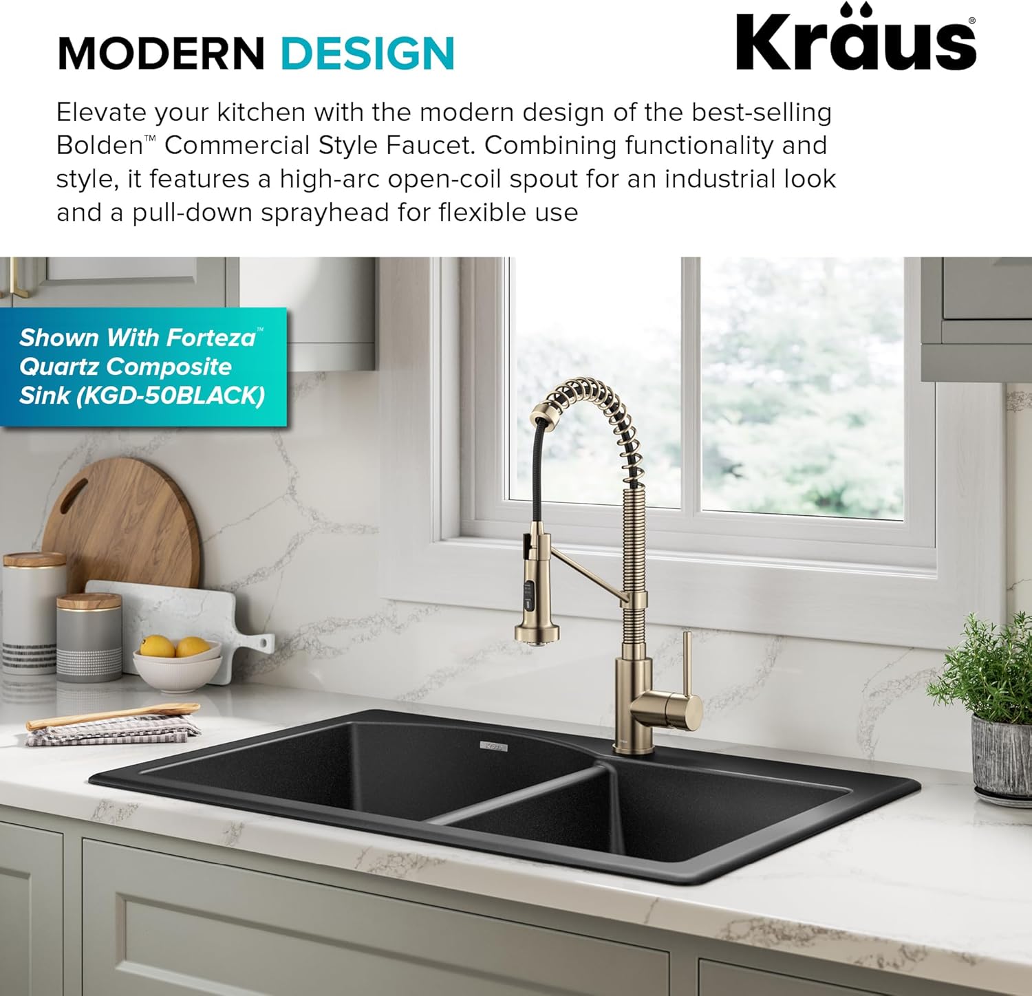 Detalle de KRAUS Bolden Commercial Style 2-Function Pull Down Kitchen Faucet (KPF-1610SFACBKRAUS) in Spot-Free Antique Champagne Bronze