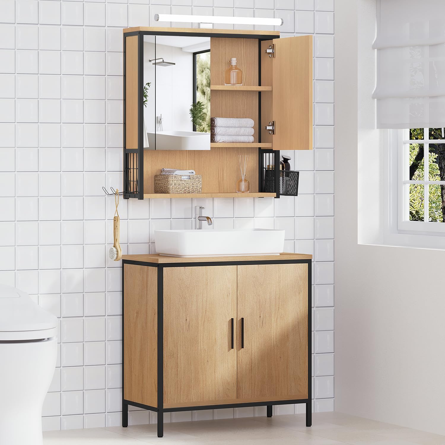 Thumbnail 3 de EUGAD Spiegelschrank Bad mit Beleuchtung – 56x60x13 cm, schwarz + helle Eiche