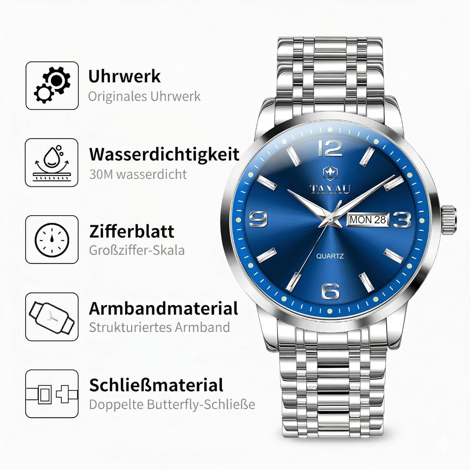 Thumbnail 5 de Taxau Wasserdicht Edelstahl Herrenuhr – Blaues Zifferblatt, Datum & Multifunktion