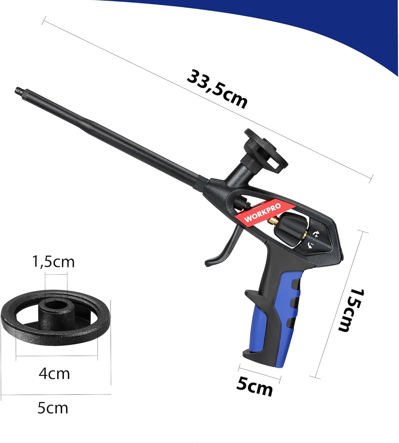Detalle de WORKPRO Pistolet Mousse Polyurethane – Pistolet à mousse expansive à poignée à une main et sortie réglable