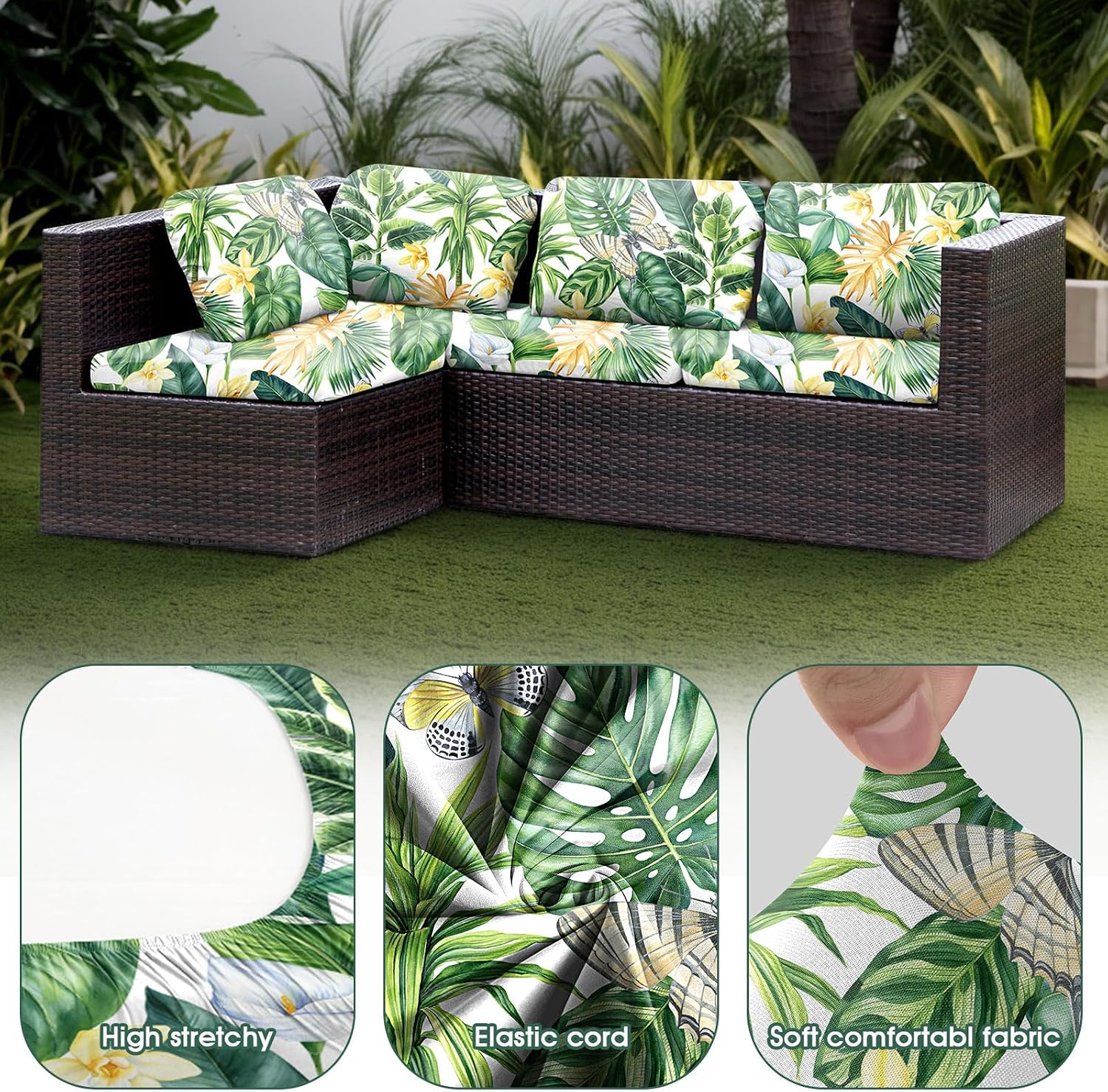 Thumbnail 3 de LiveGo Patio Stretch Sofa Cushion Cover (8-pack) – Outdoor replacement slipcovers with soft elastic fit, Green Leaves