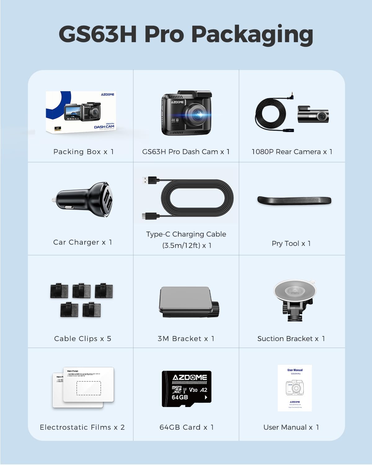 Thumbnail 6 de AZDOME GS63H Pro dual dash cam (front 4K + rear 2.5K/GPS) with WiFi, 64GB SD, parking monitoring