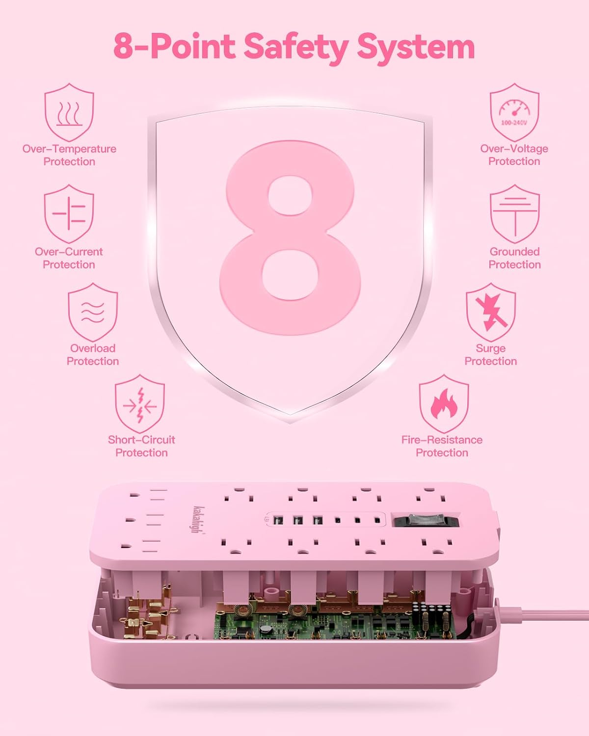 Detalle de kakahigh 808 Pink Power Strip, 11 AC Outlets, 6 USB Ports, 5 ft Cord