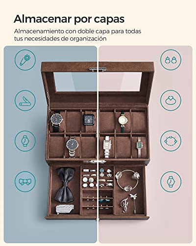 Thumbnail 3 de SONGMICS JWB012K01: caja de reloj de 2 niveles con tapa de cristal para 12 relojes