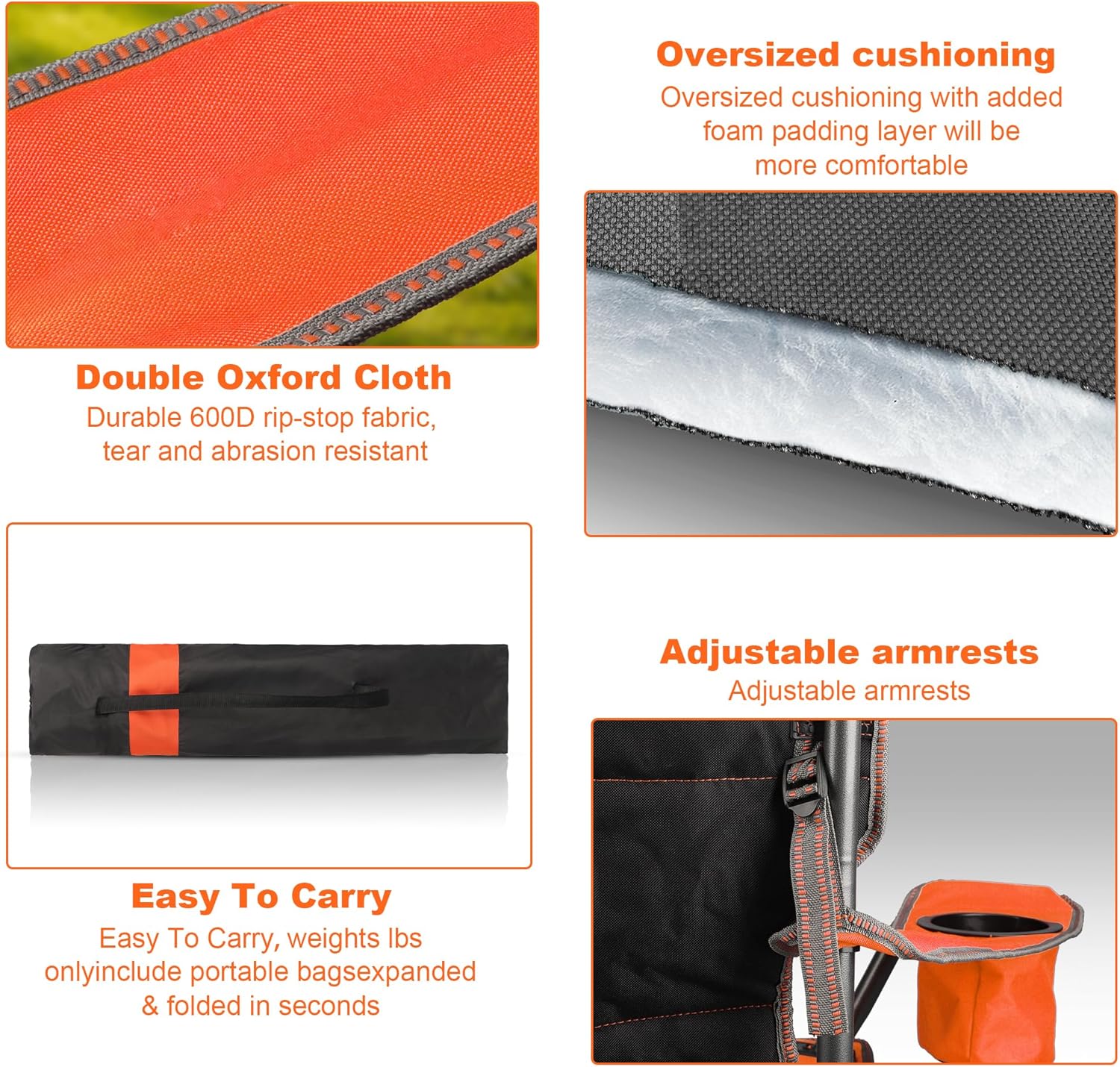 Thumbnail 3 de LANMOUNTAIN 2 Pack Padded Oversized Camping Chairs (Orange & Blue) with Cup Holder, Side Pocket & Cooler Bag