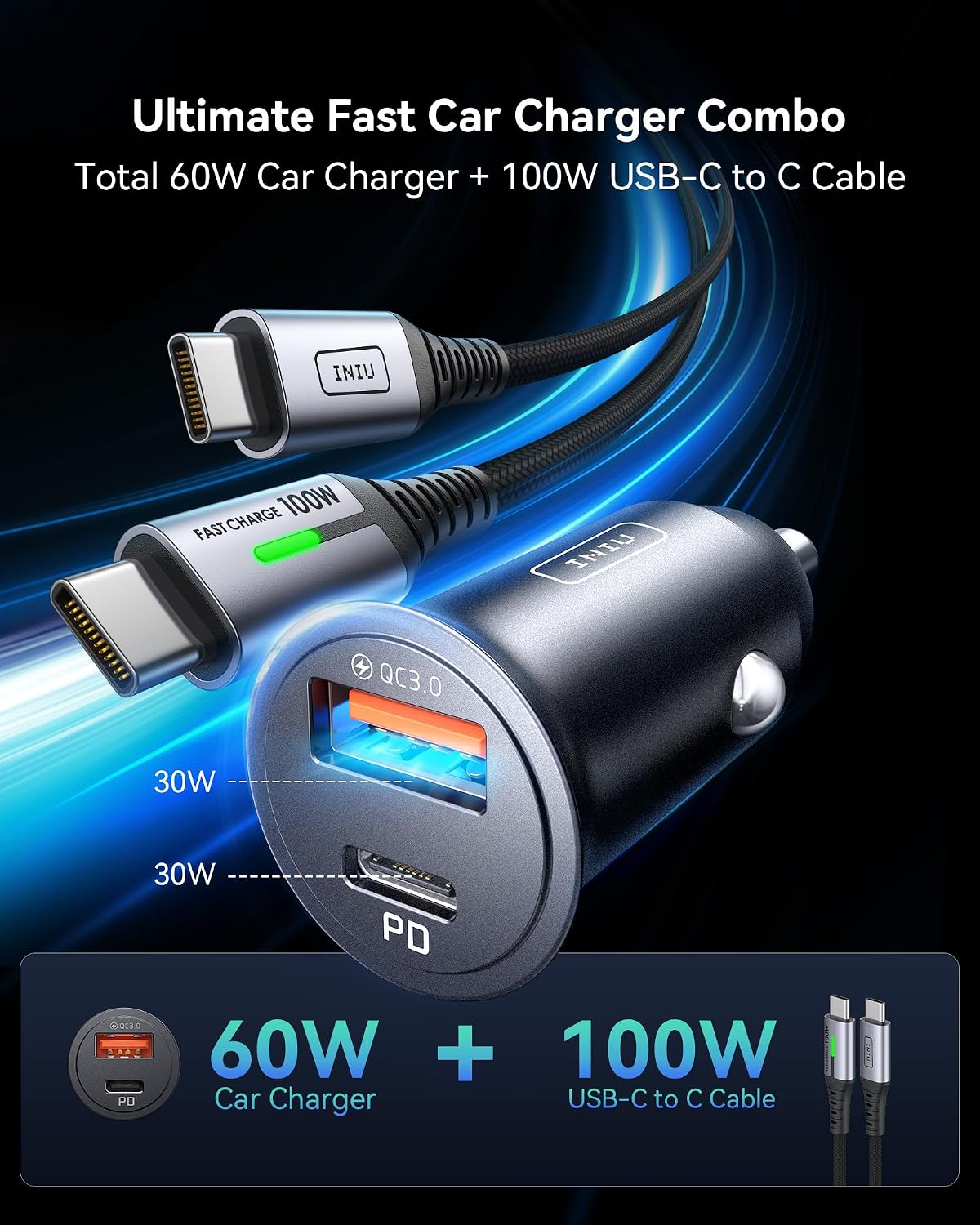 Detalle 2 de INIU Car Charger 60W with 100W 1m USB‑C cable