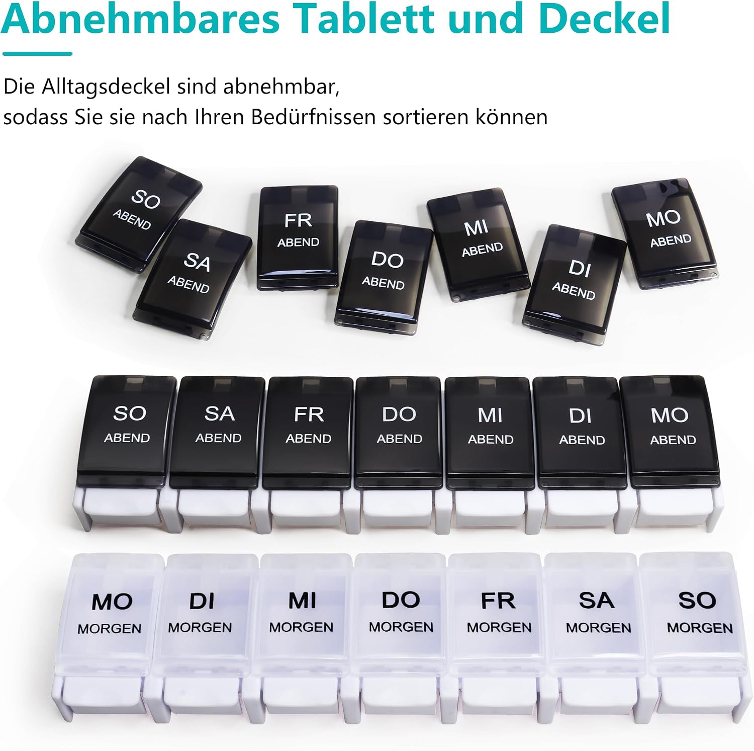 Thumbnail 4 de MOLN HYMY Medikamentenbox für 7 Tage mit 2 Fächern (AM/PM), BPA-frei, 14 Fächer, Druckknopfdeckel in Schwarz/Weiß