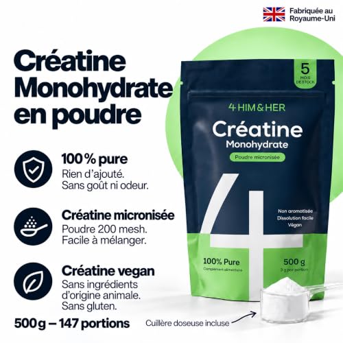 Detalle de Creatine Monohydrate Poudre 500 g Micronisée Sans Goût – 147 Doses, Vegan (Marque 4)