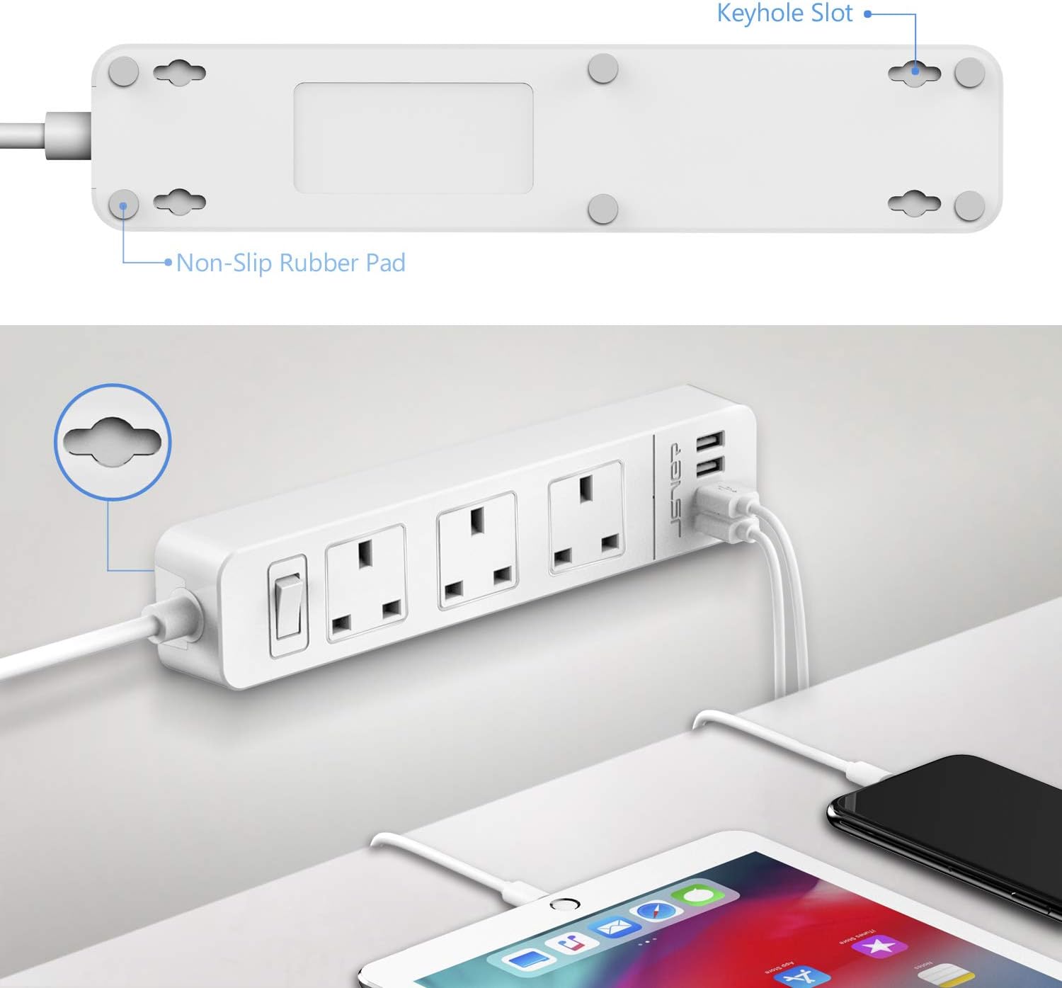 Thumbnail 5 de JSVER Extension Lead USB Power Strip (3 AC sockets, 4 USB ports) with 3m lead – 13A, White