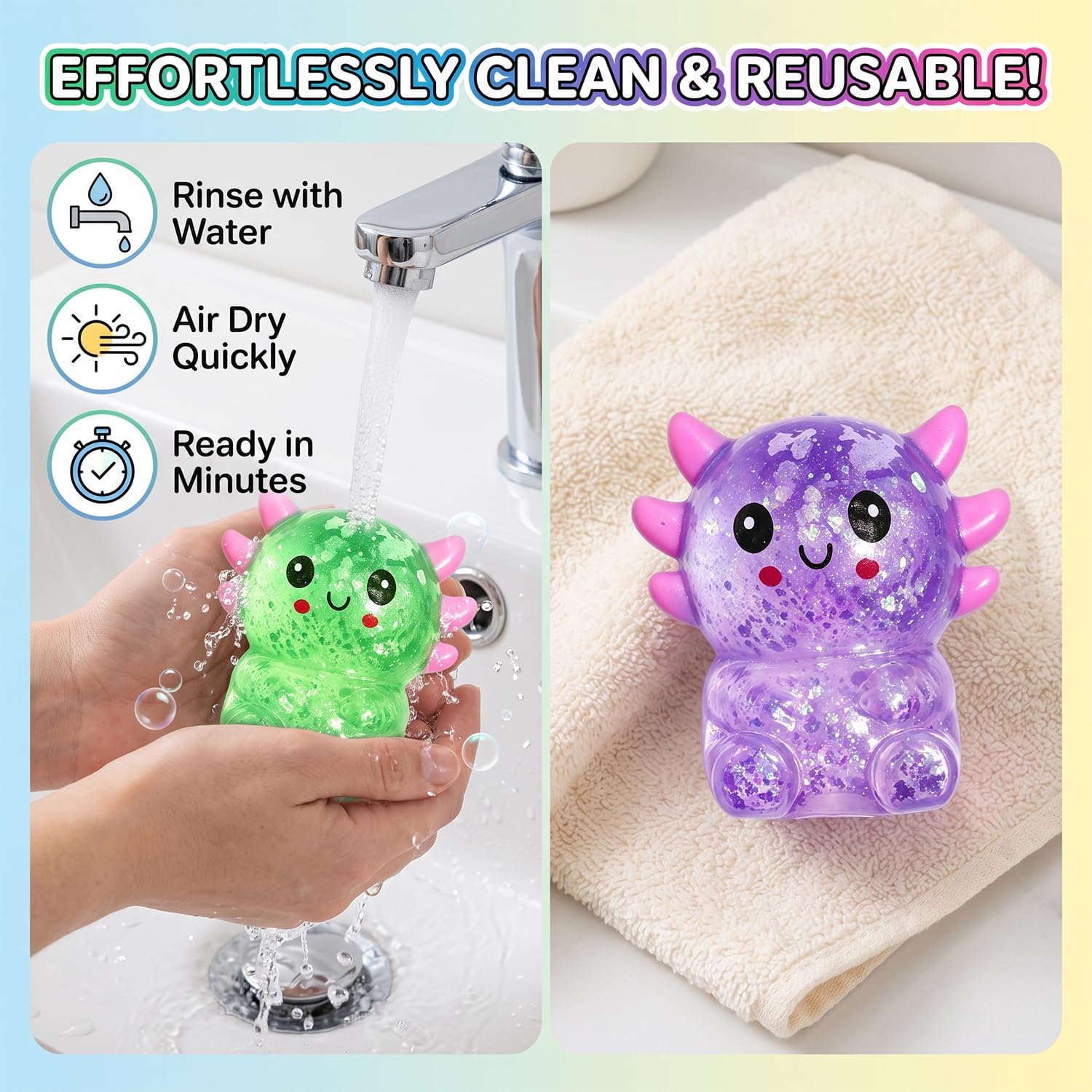 Detalle 1 de LAHAND squeeze toy Axolotl Squishies, 4-Pack TPR Glitter Fidget Toys