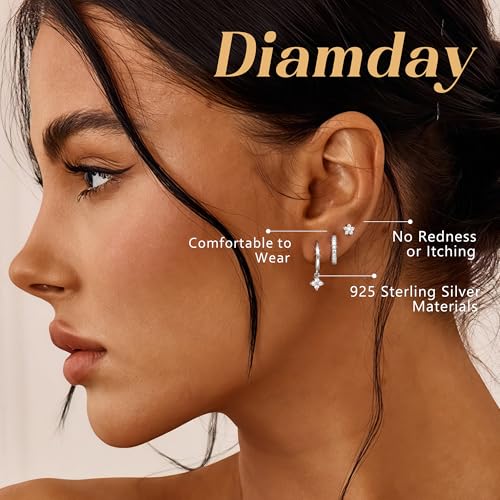 Detalle de Diamday 3 Pairs Sterling Silver Earrings for Women – Stud and Hoop Set