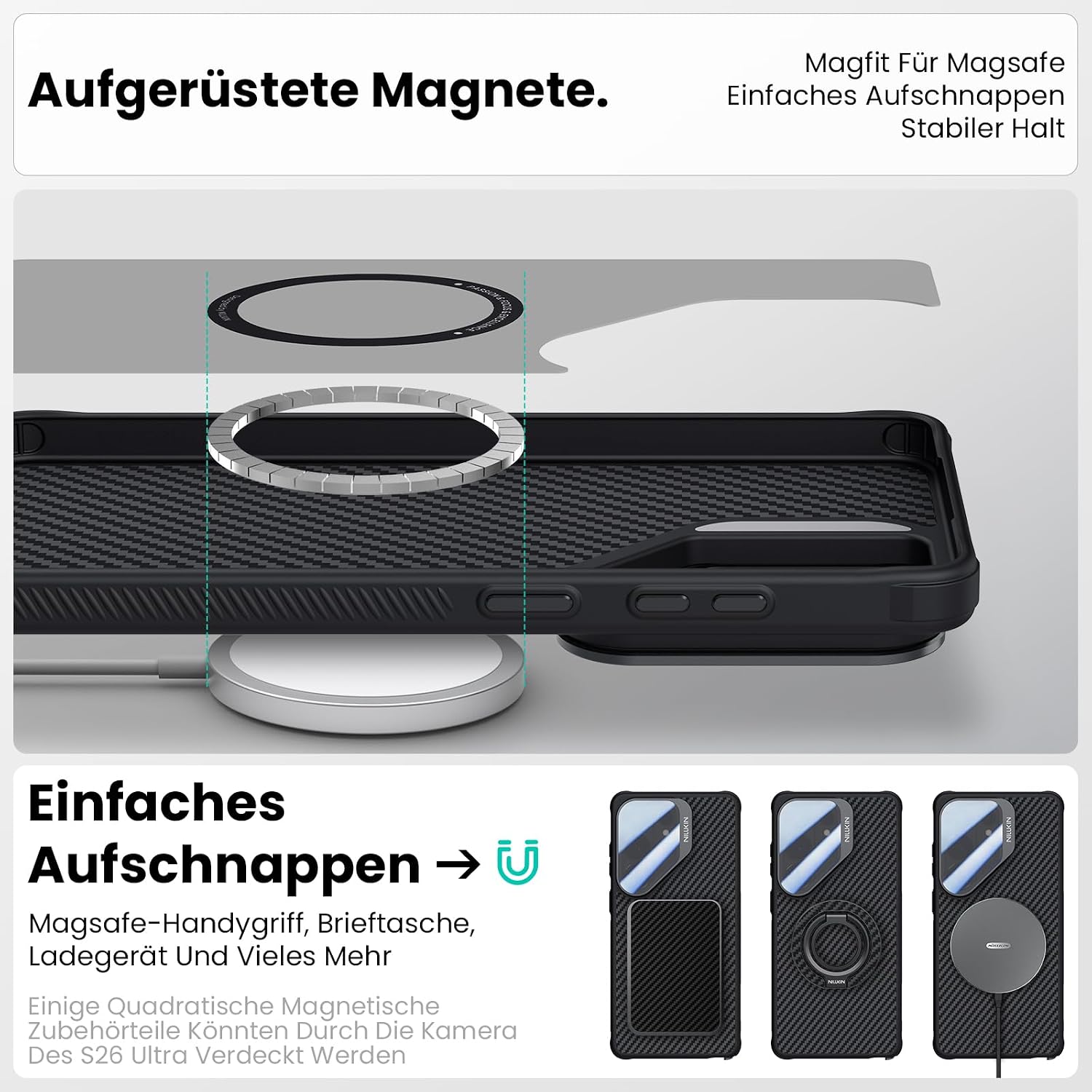 Detalle de Nillkin Hülle für Samsung Galaxy S26 Ultra – MagSafe kompatibel, getönter Kamera-Schutzdeckel & Ständer, 1500D Aramidfaser