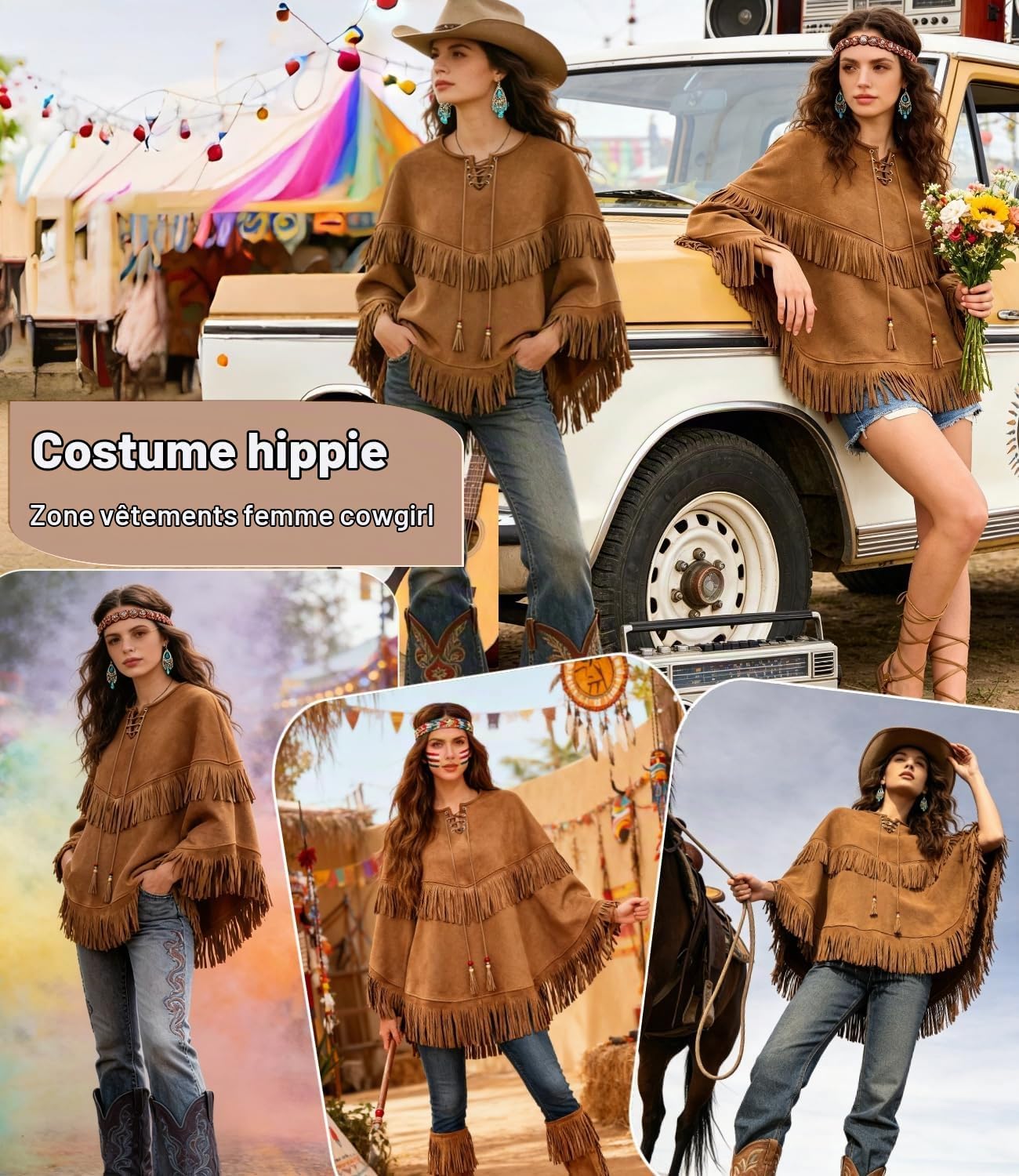 Thumbnail 4 de Cowgirlcape met franjes, bruin, 74 cm lang