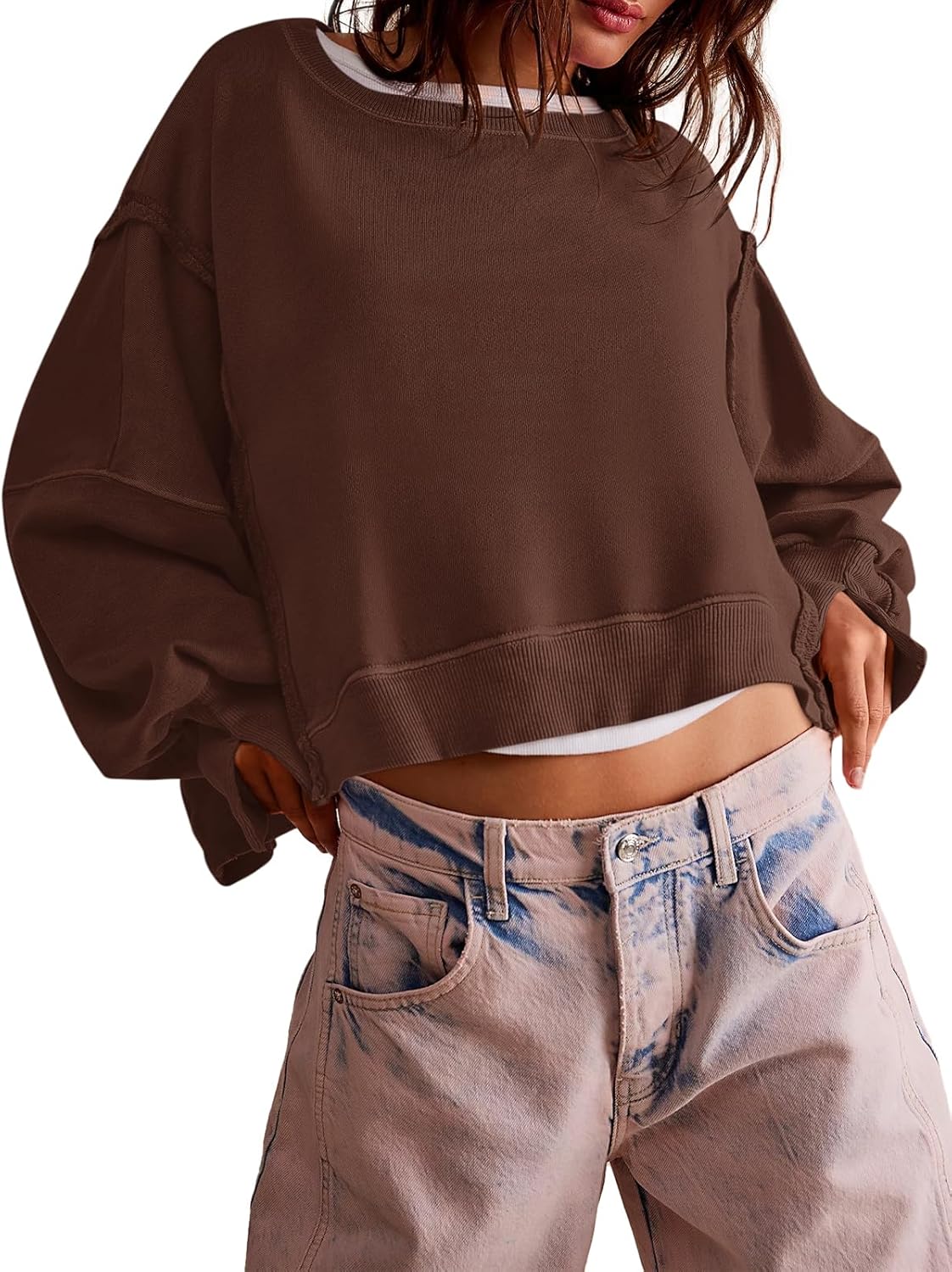 Thumbnail 2 de Zwurew Womens Casual Crewneck Sweatshirt Pullover (Long Sleeve, Side Slit, Loose Fit Crop Tee)