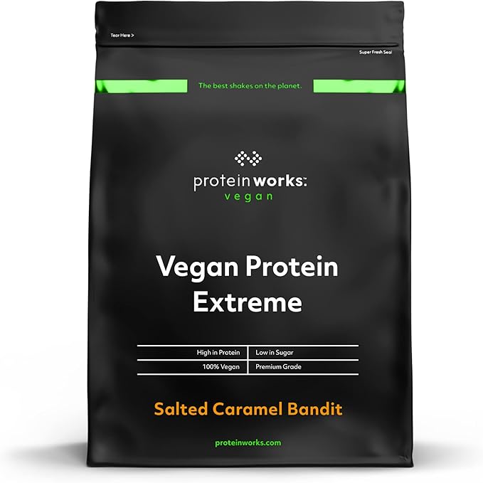 Detalle de Protein Works Vegana Extreme 🌱 1kg | Prótein Vegetal y Sabor Caramelo