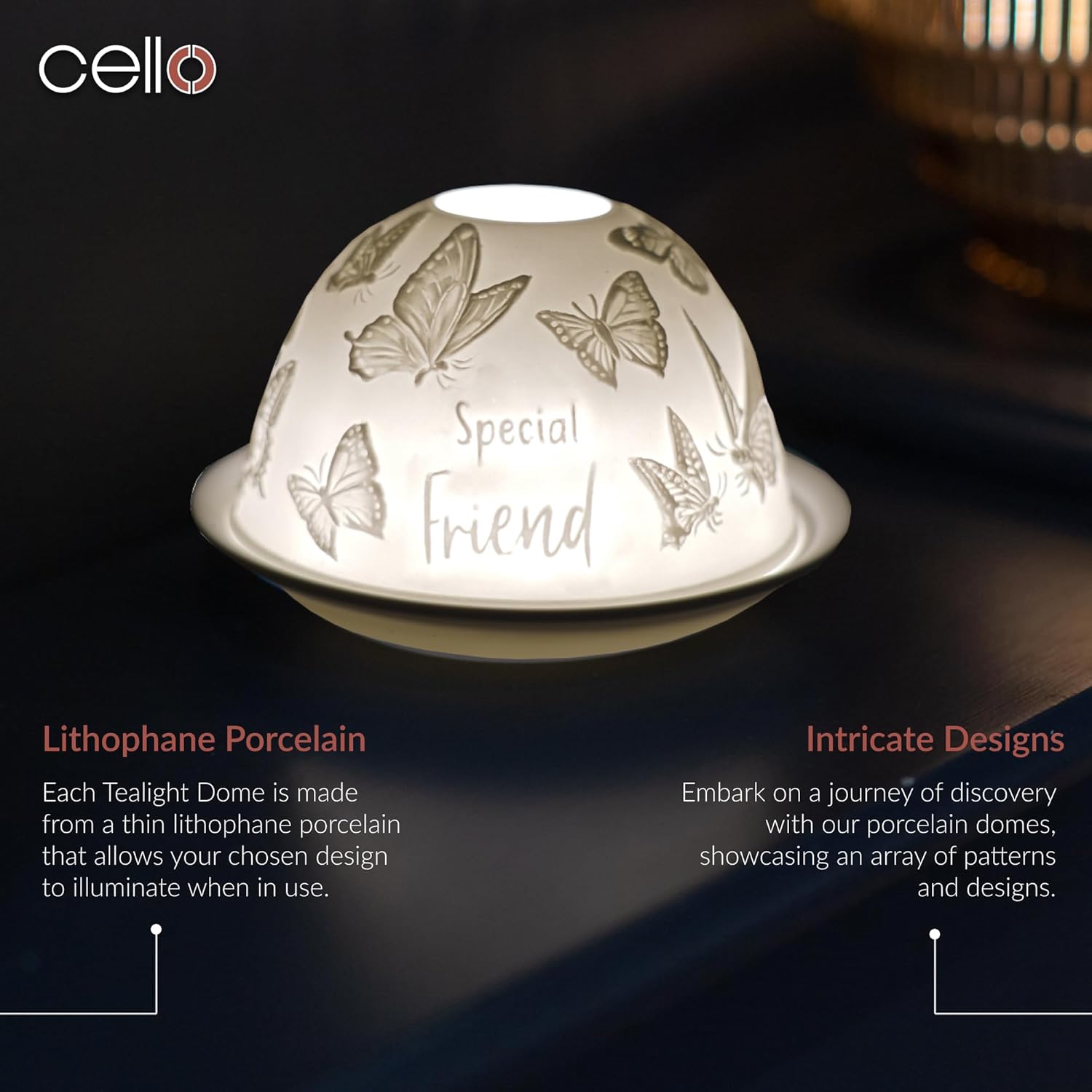 Thumbnail 1 de Cello Porcelain Tealight Holder Dome – Special Friend Butterfly 3D Projection LED or Candle Wax Warmer Ornament