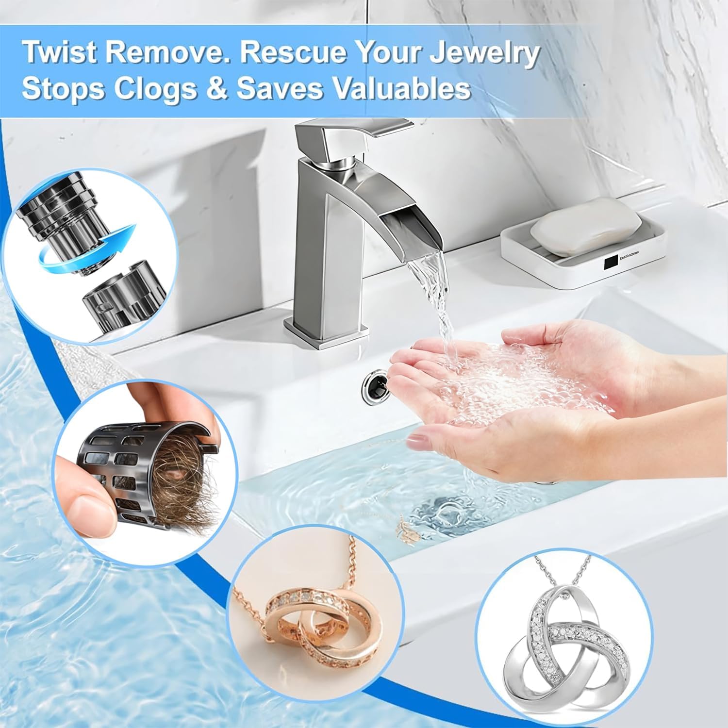 Detalle de Bathroom sink stopper with stainless steel filter basket