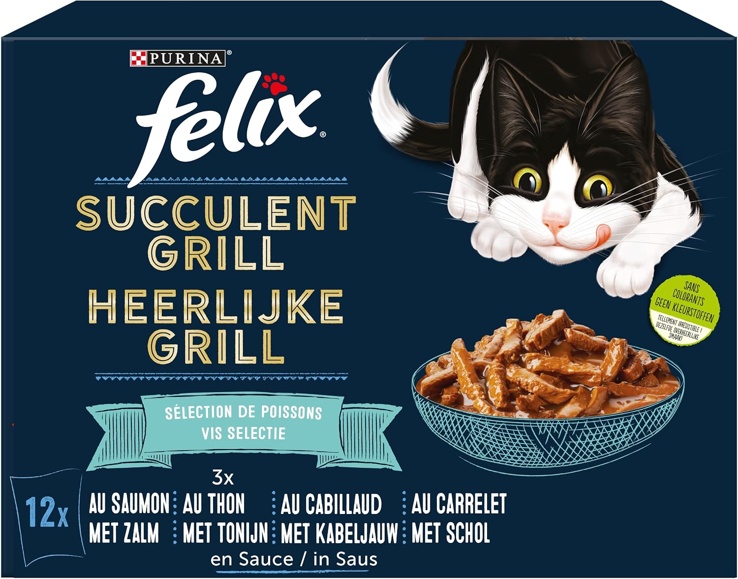 Detalle de Felix Succulent Grill – Selection chat adulte en sauce, 72 sachets 80 g (Bœuf, Poulet, Canard et Dinde)