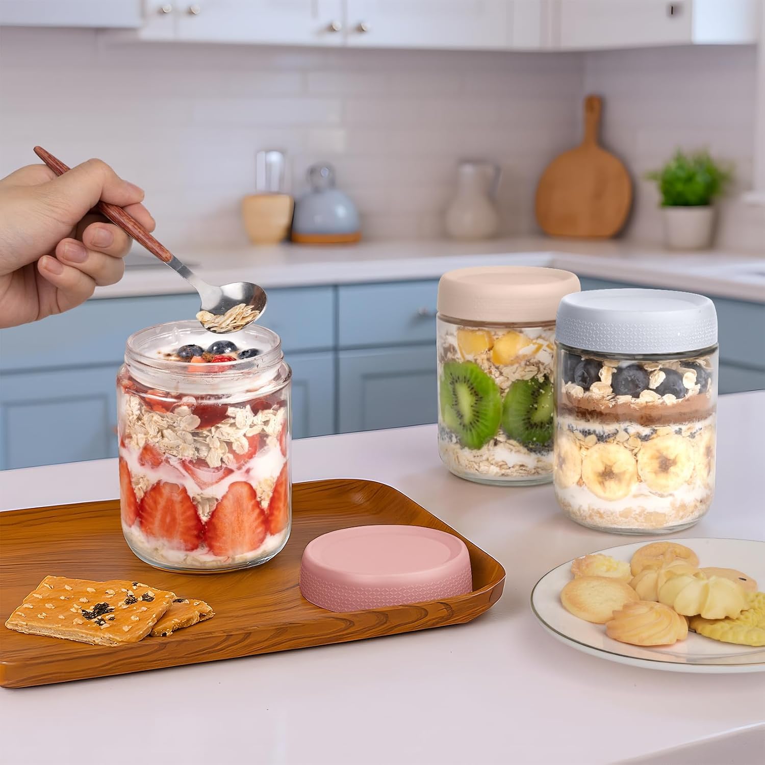 Thumbnail 5 de ZhouZGlass 6 Pack 500ml Glass Jars with Lids and Spoon – Overnight Oats Containers