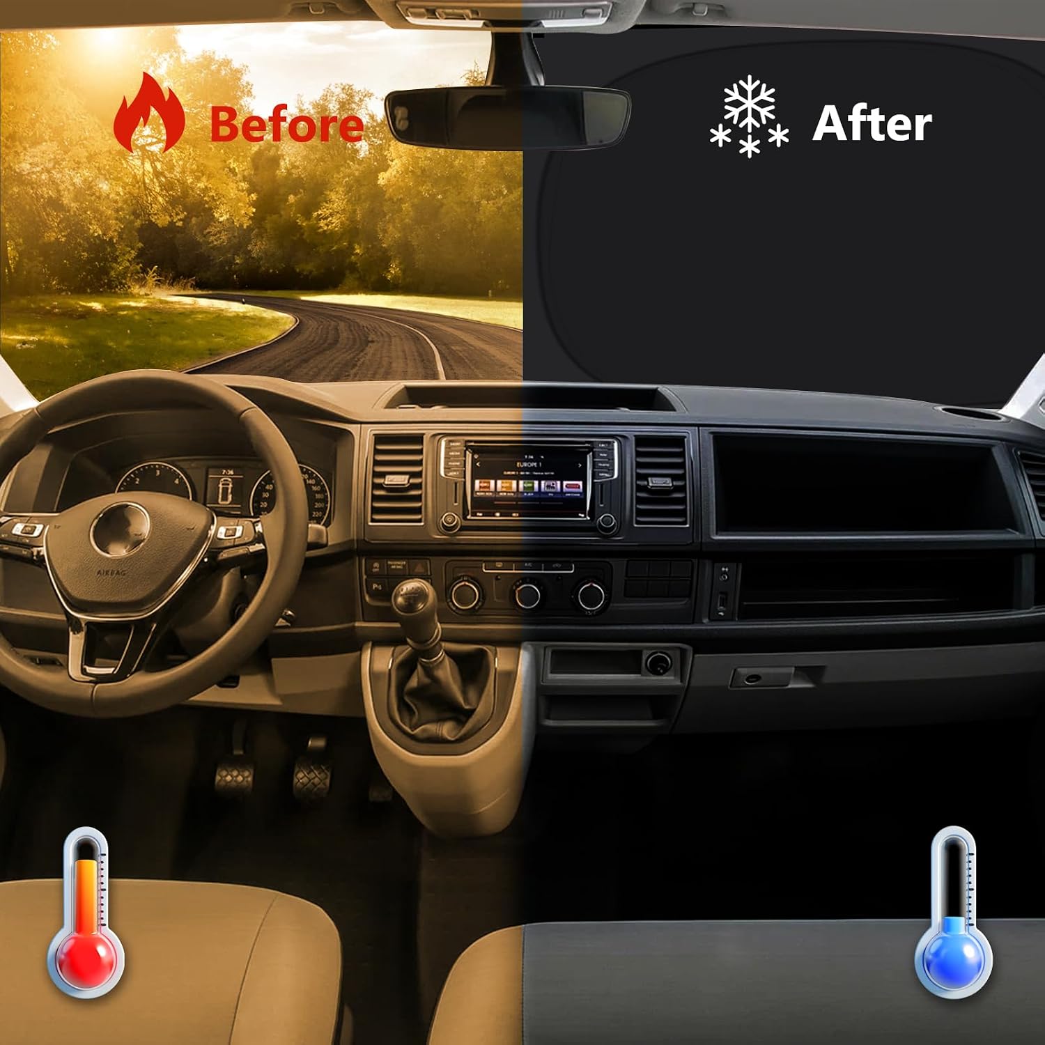Detalle de ZATOOTO Windscreen Cover for VW T5/T6 (3 Pieces) Magnetic Internal Thermal Blinds