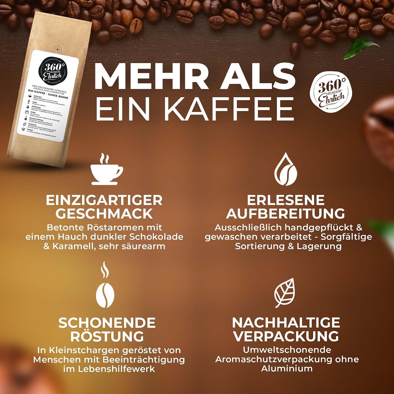 Detalle de 360° Premium Bio Kaffeebohnen 500 g – 100% Honduras Hochland Arabica, mild & säurearm, ganze Bohnen