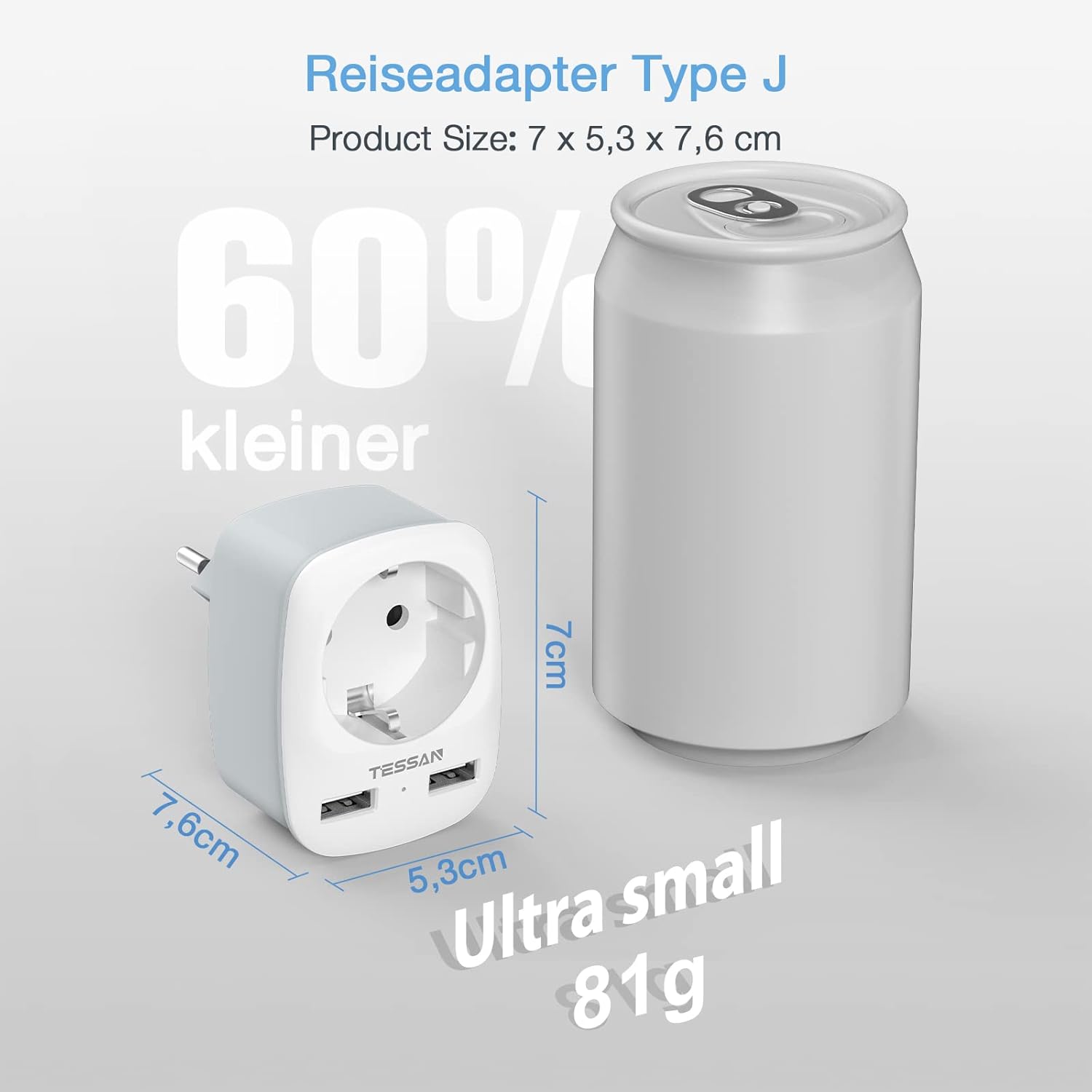 Thumbnail 1 de TESSAN Adaptateur prise Suisse/France avec 2 USB (type J) – voyage vers Suisse, Liechtenstein et plusieurs pays