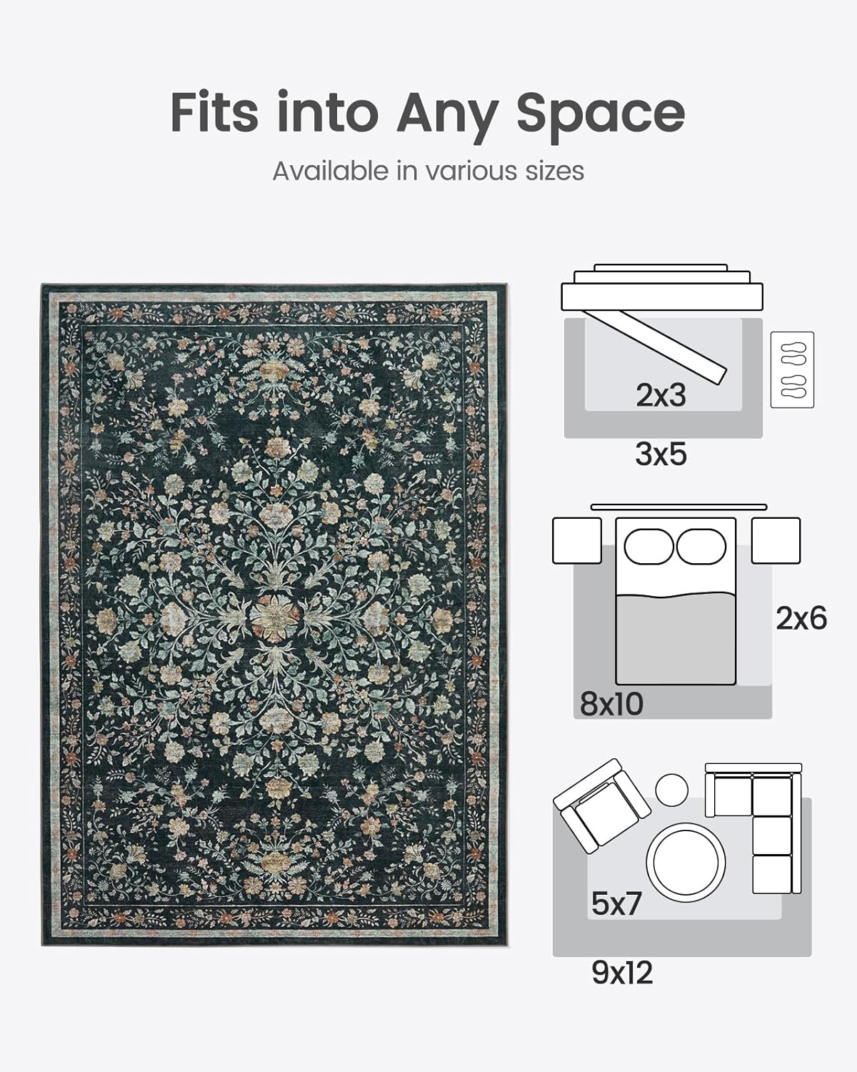 Detalle 2 de Area Rugs 8x10 Washable Floral Rug for Living Room