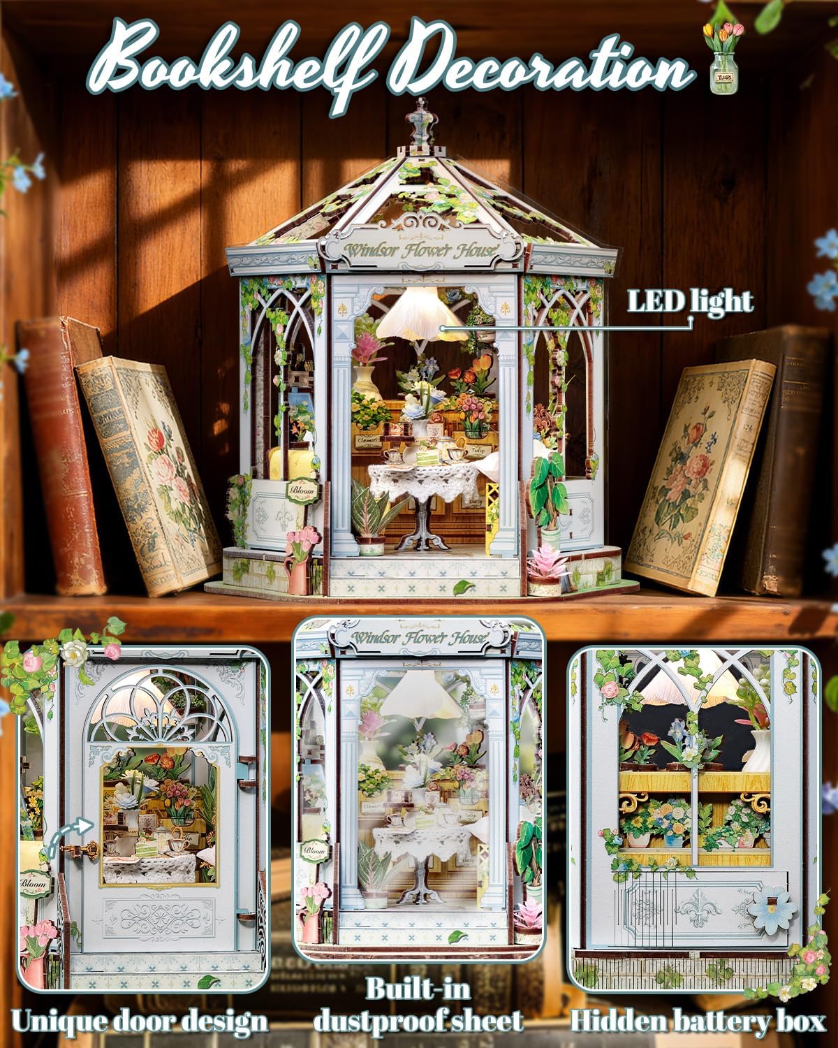 Detalle de CUTEBEE Windsor Flower House – Europäisch-retro 3D-Puzzle Book Nook Set