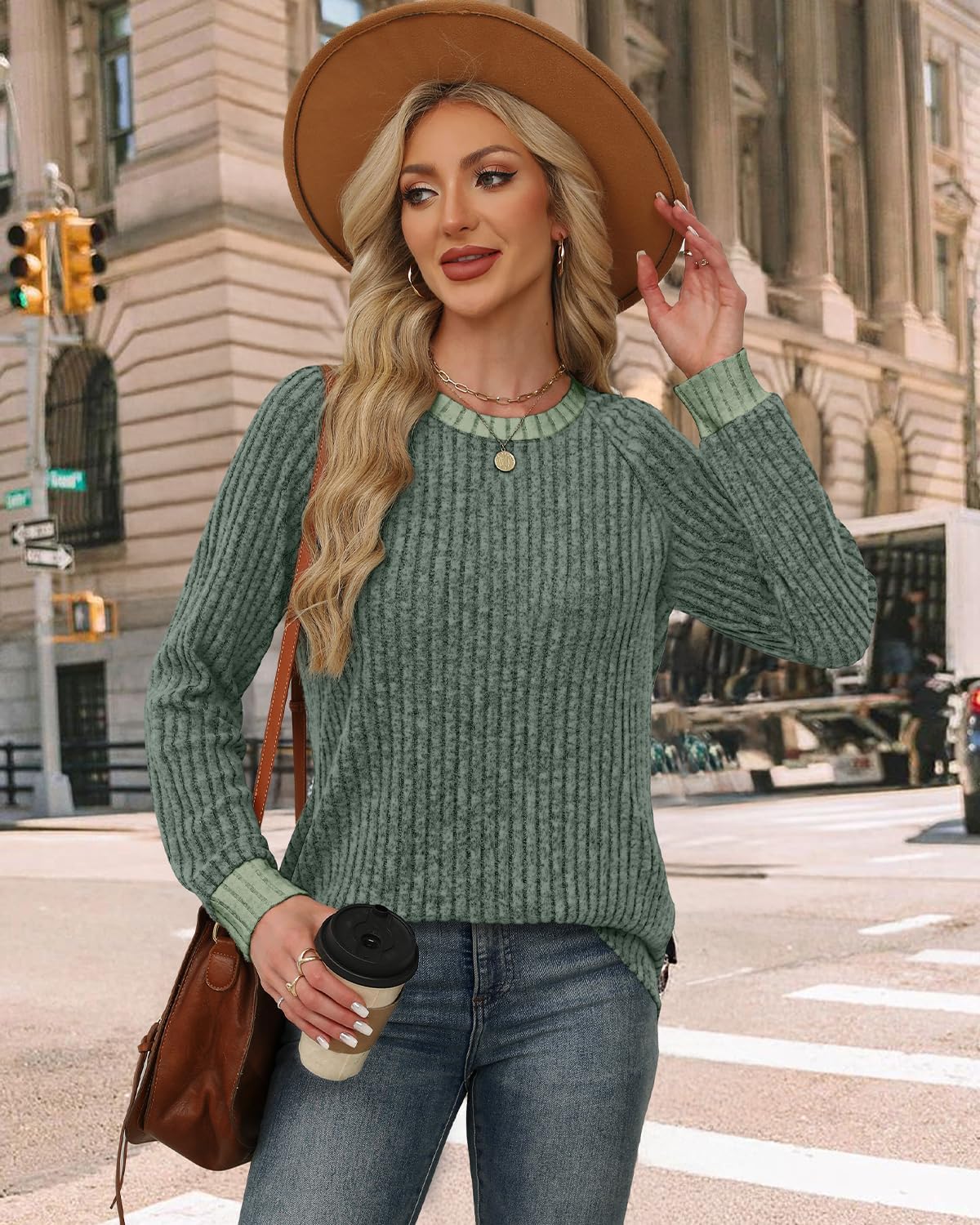 Thumbnail 2 de WIHOLL Long-Sleeve Crewneck Sweatshirt for Women, Lightweight Colour-Block Design