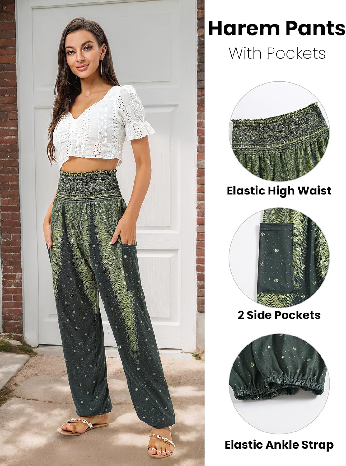 Detalle de QIANXIZHAN Women’s Harem Pants (High-Waist Yoga Boho Trousers) with Pockets