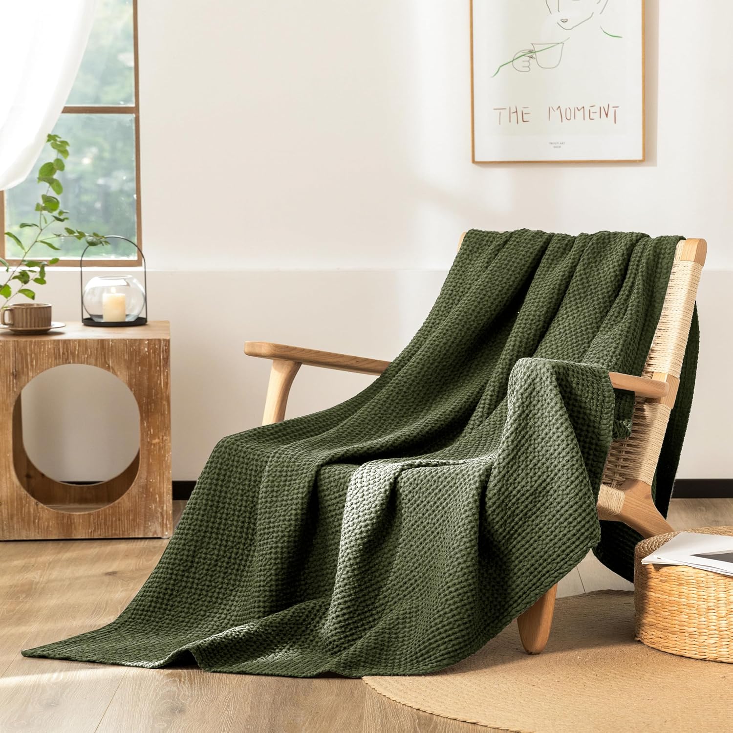 Detalle de CHUFFED 100% Baumwolle Decke 220 × 240 cm – Olivgrün, weiche und atmungsaktive Waffel-Decke