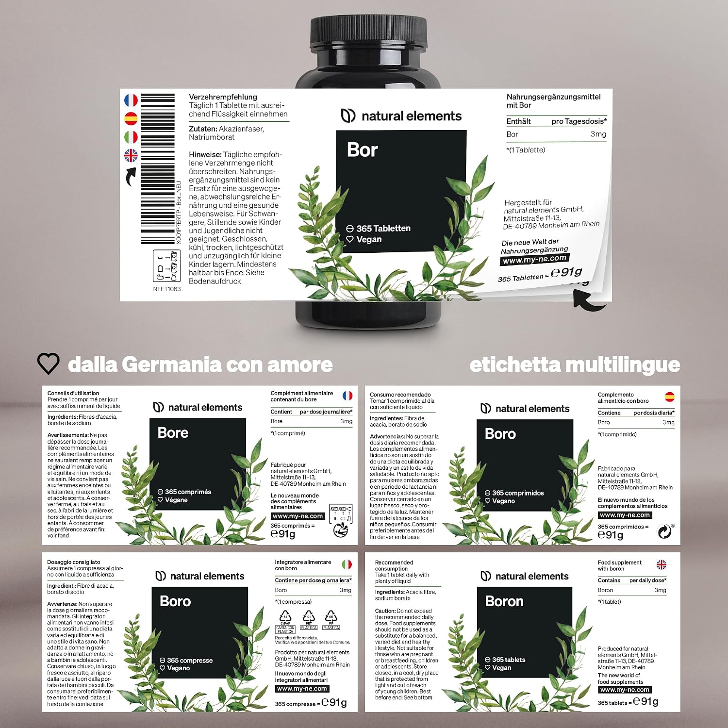 Detalle de Natural Elements Boro puro 3 mg (365 compresse) – integratore vegano ad alto dosaggio di boro per compressa