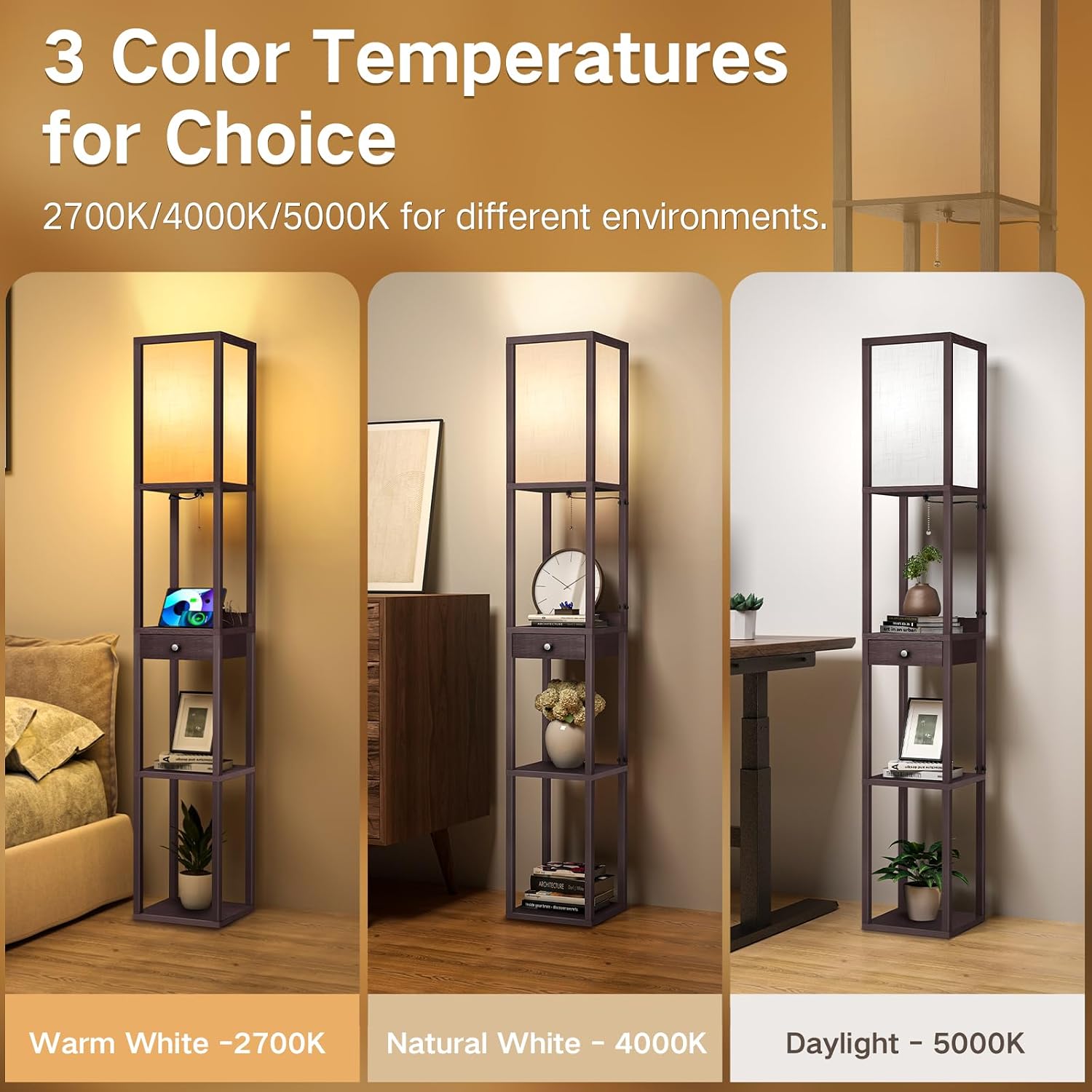 Thumbnail 1 de OUTON Shelf Floor Lamp with Drawer: 165cm of Storage, USB-C Ports and Warm to Daylight LED