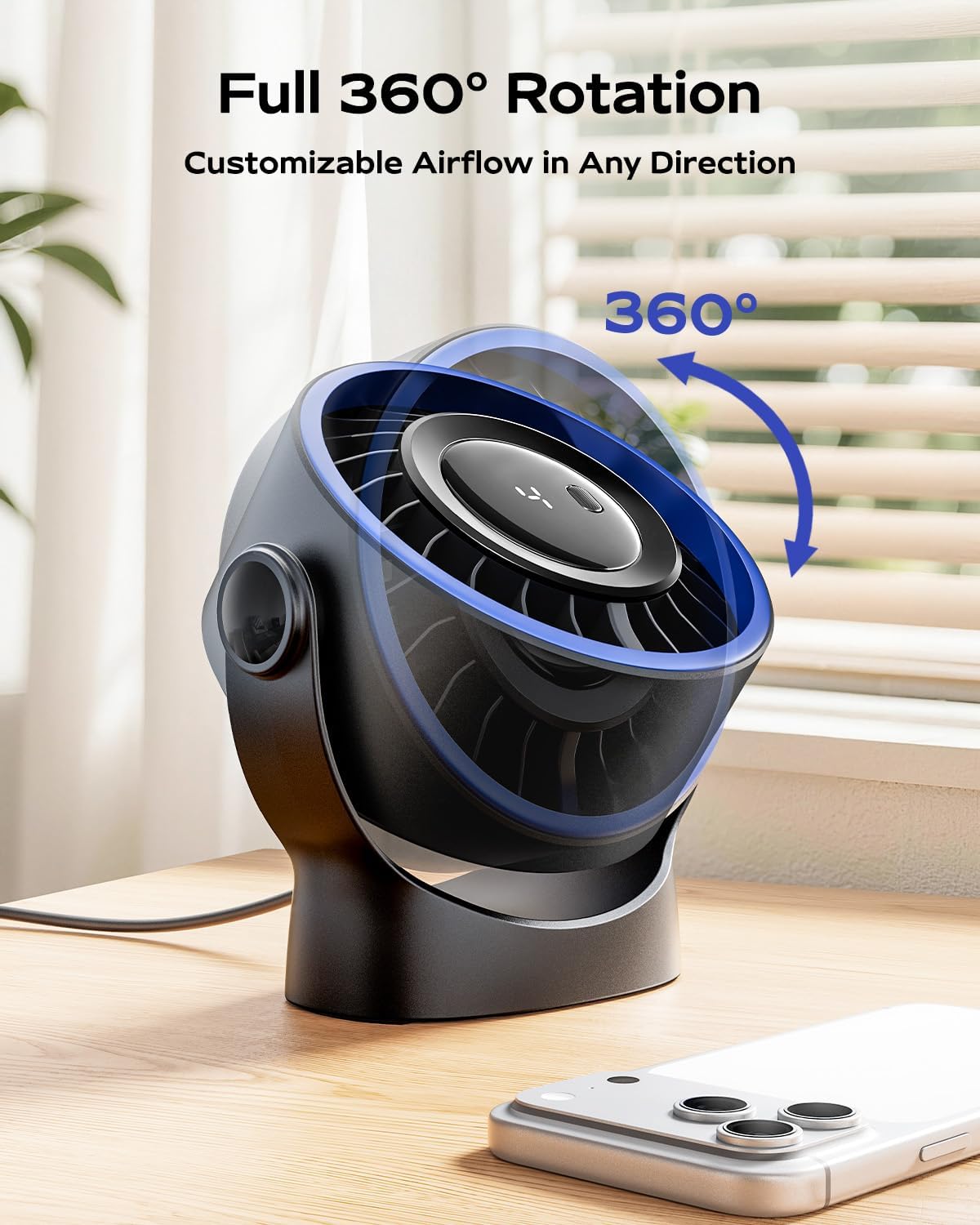 Detalle de SWEETFULL USB Desk Fan: 4-Speed, Quiet, 360° Rotatable and Portable